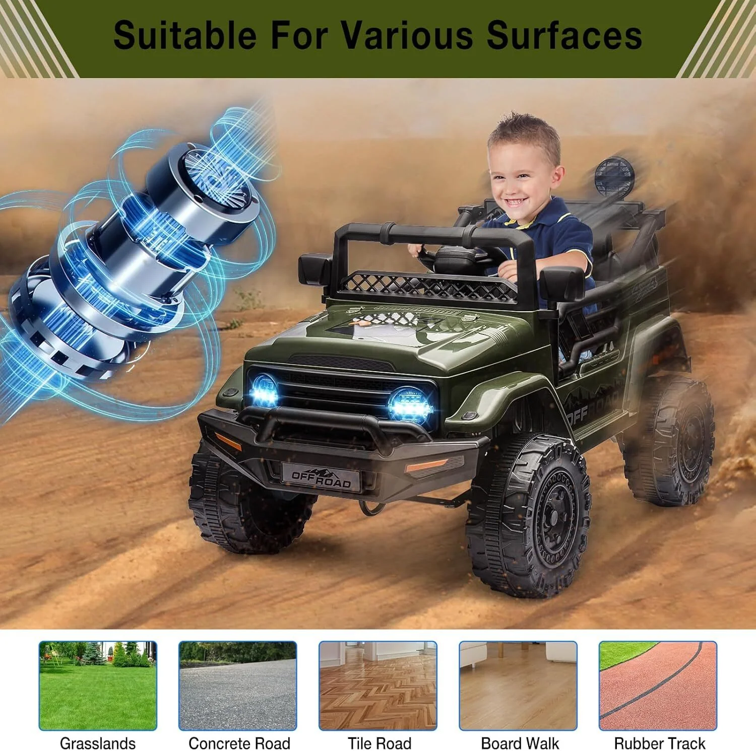Remote Control Ride-On Truck with Spring Suspension for Kids Ages 3-8 Green - Image 6