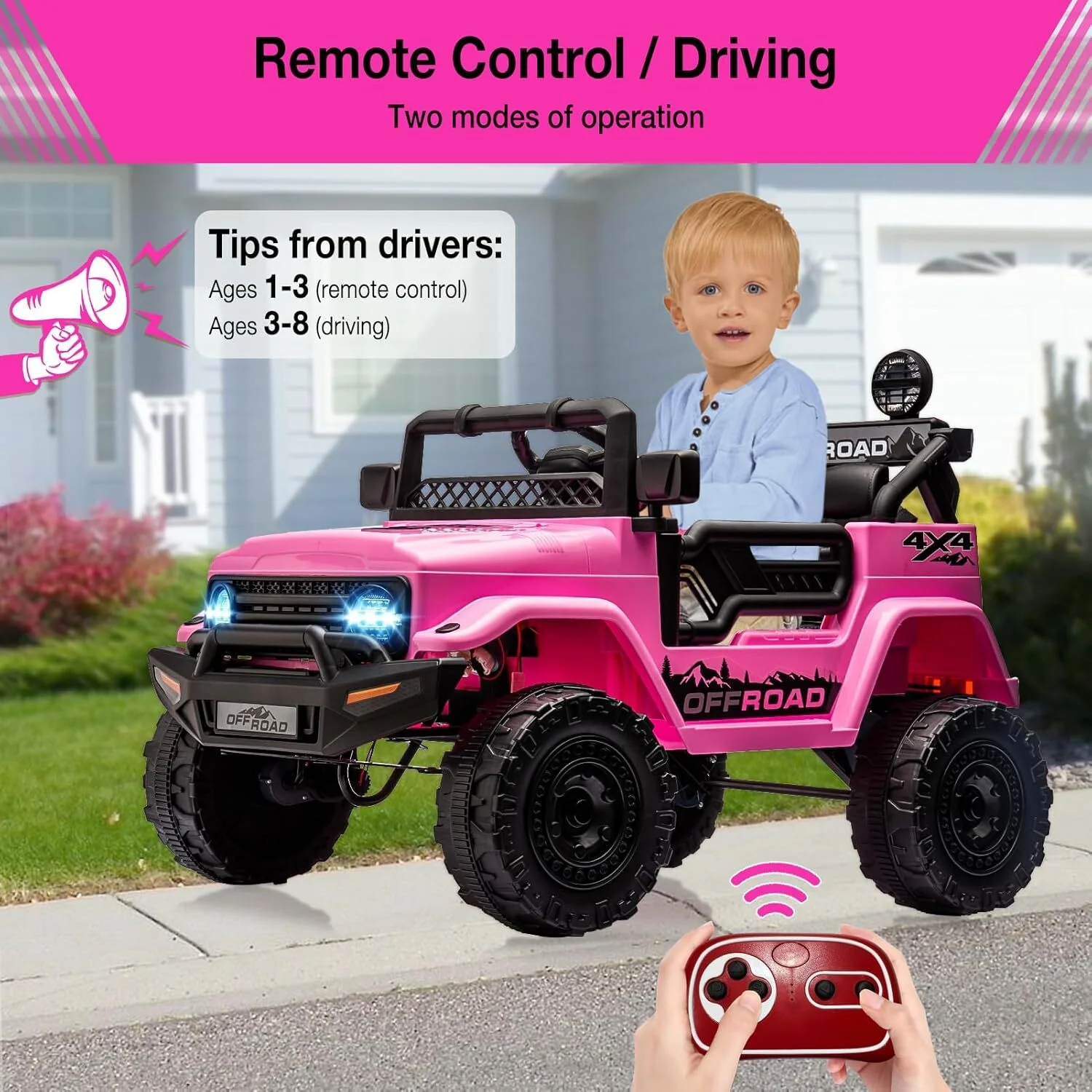 Remote Control Ride-On Truck with Spring Suspension for Kids Ages 3-8 Pink - Image 2