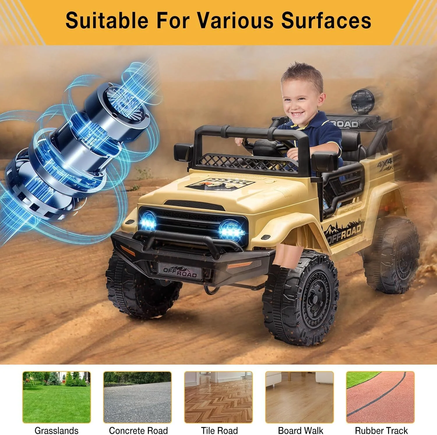 Yellow Ride-On Truck with Remote Control and Spring Suspension for Kids Ages 3-8 - Image 6