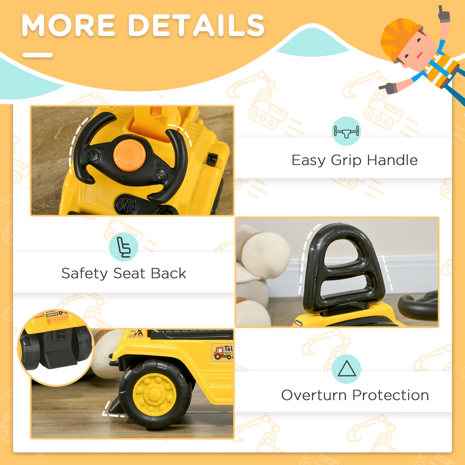 Kids Ride-On Excavator Truck with Pull Cart, Horn, and Under-Seat Storage - Image 6