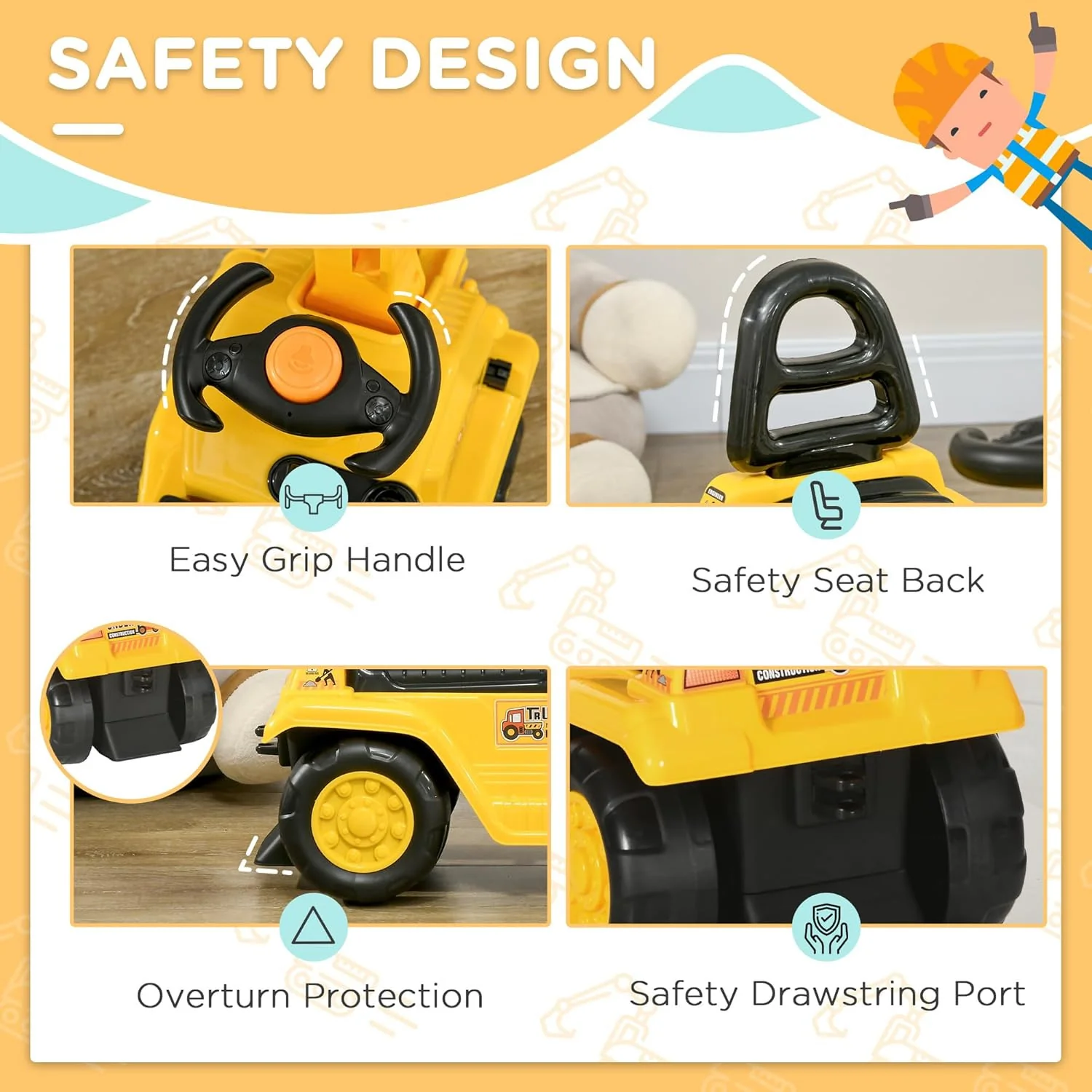 Kids Digger Ride-On Excavator Truck with Horn and Storage Space - Image 5