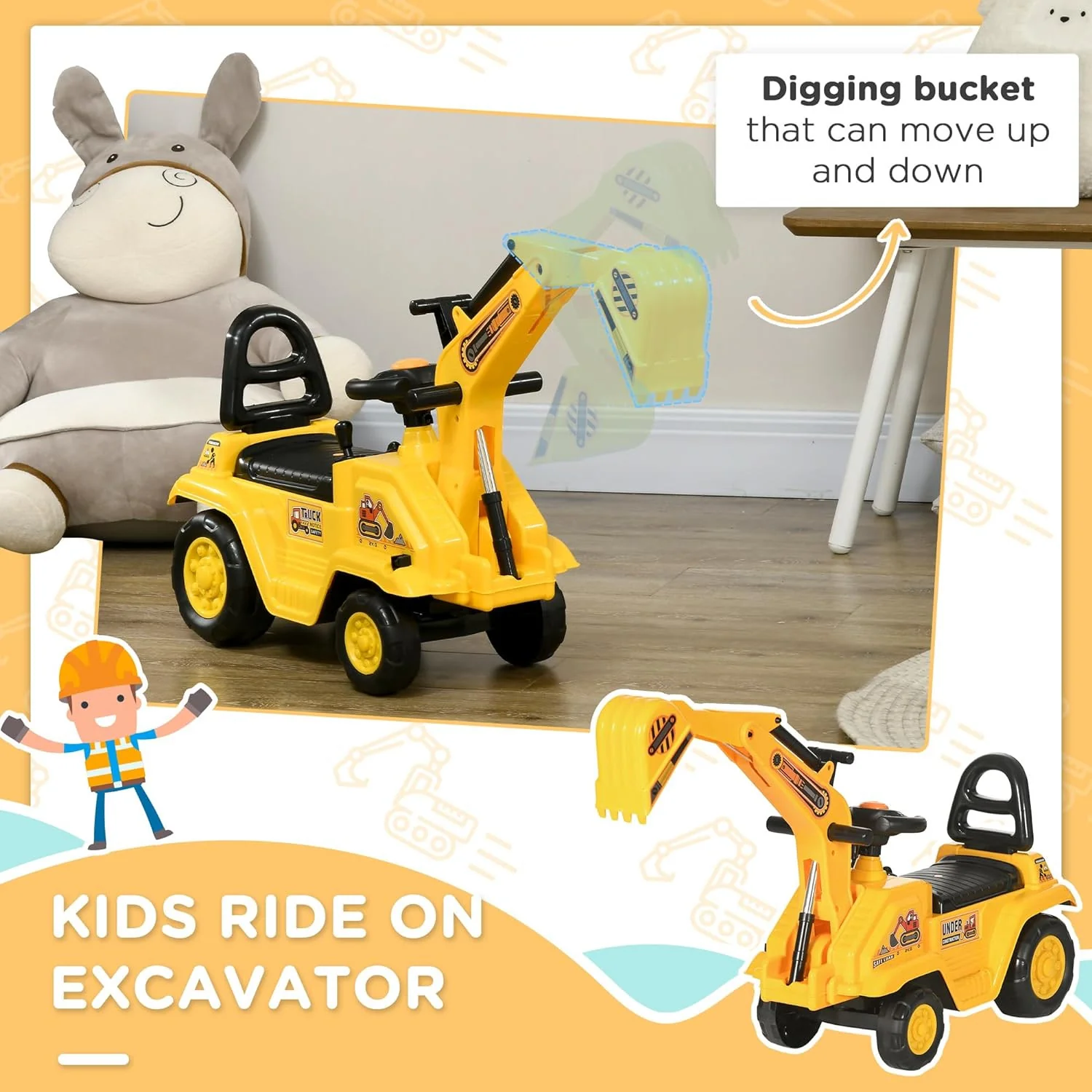 Kids Ride-On Excavator Truck with Pull Cart, Horn, and Under-Seat Storage - Image 3