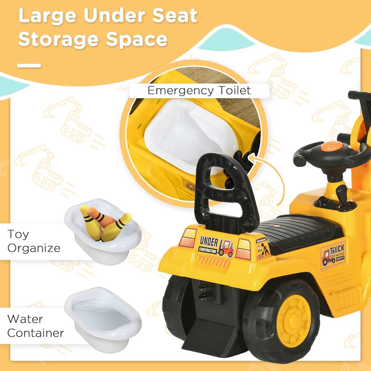 Kids Ride-On Excavator Truck with Pull Cart, Horn, and Under-Seat Storage - Image 4