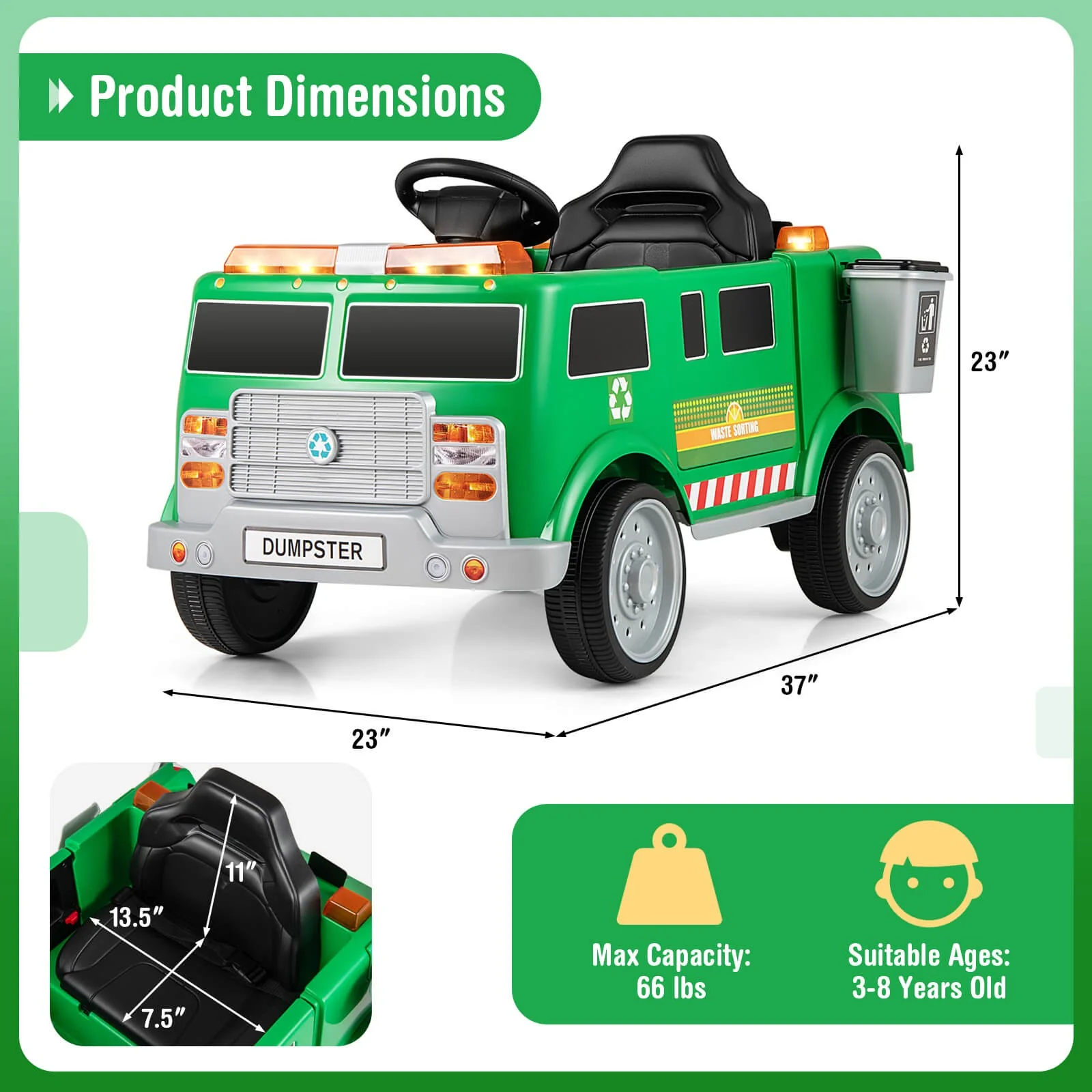 Remote Control Ride-On Garbage Truck with Trash Bin, Shovel, Lights, and Sound Effects - Image 2