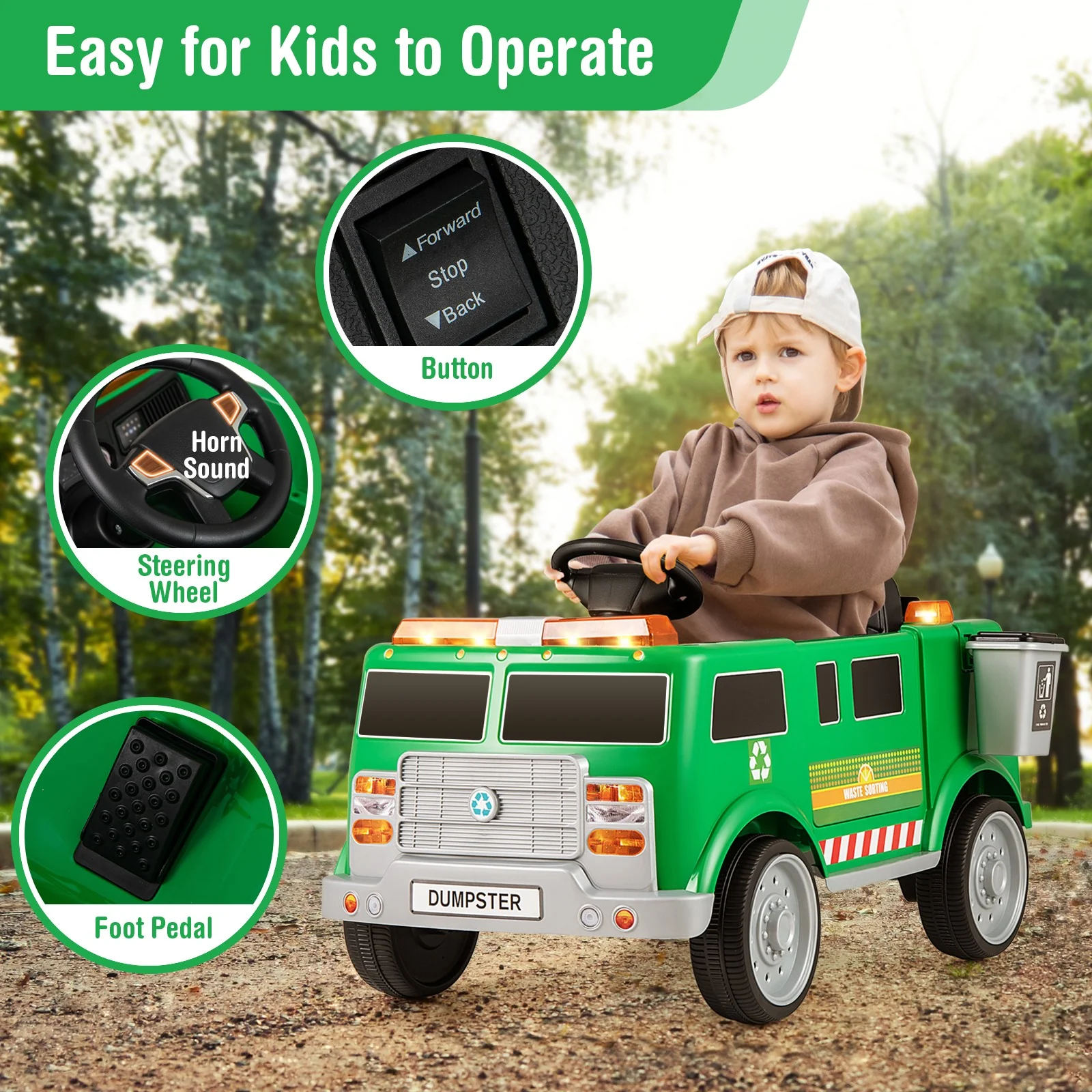 Ride-On Garbage Truck with Remote Control, Trash Bin, Shovel, Lights, and Sound Effects - Image 2
