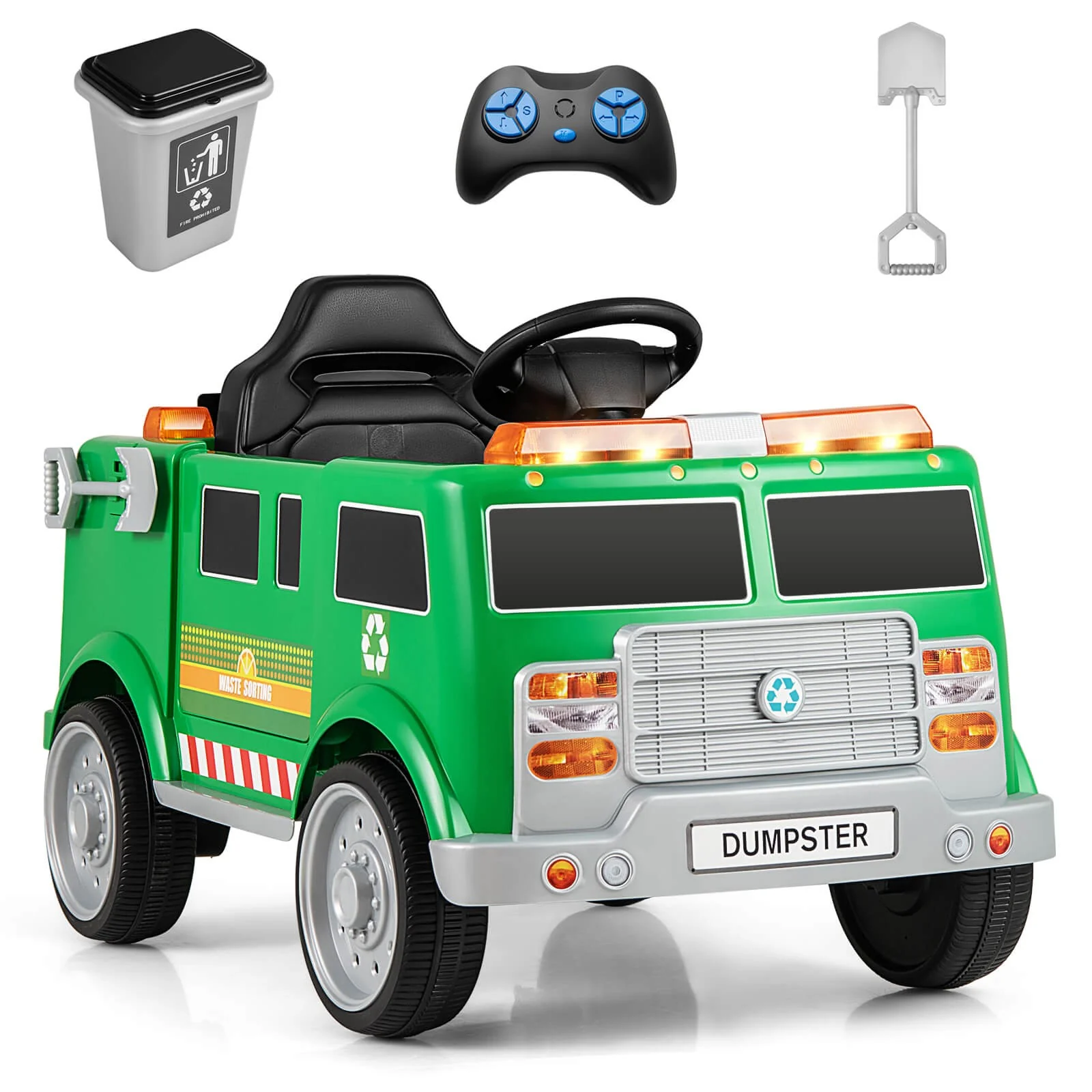 Remote Control Ride-On Garbage Truck with Trash Bin, Shovel, Lights, and Sound Effects - Image 10