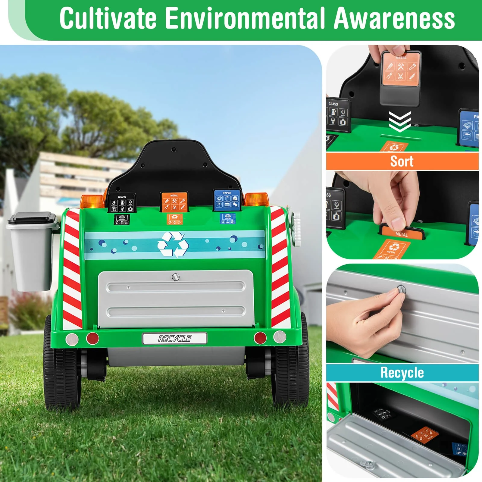 Remote Control Ride-On Garbage Truck with Trash Bin, Shovel, Lights, and Sound Effects - Image 3