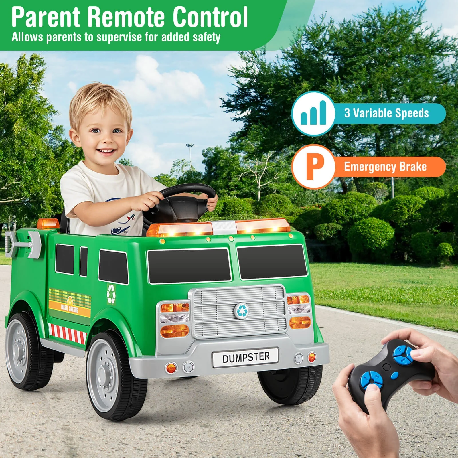 Remote Control Ride-On Garbage Truck with Trash Bin, Shovel, Lights, and Sound Effects - Image 5