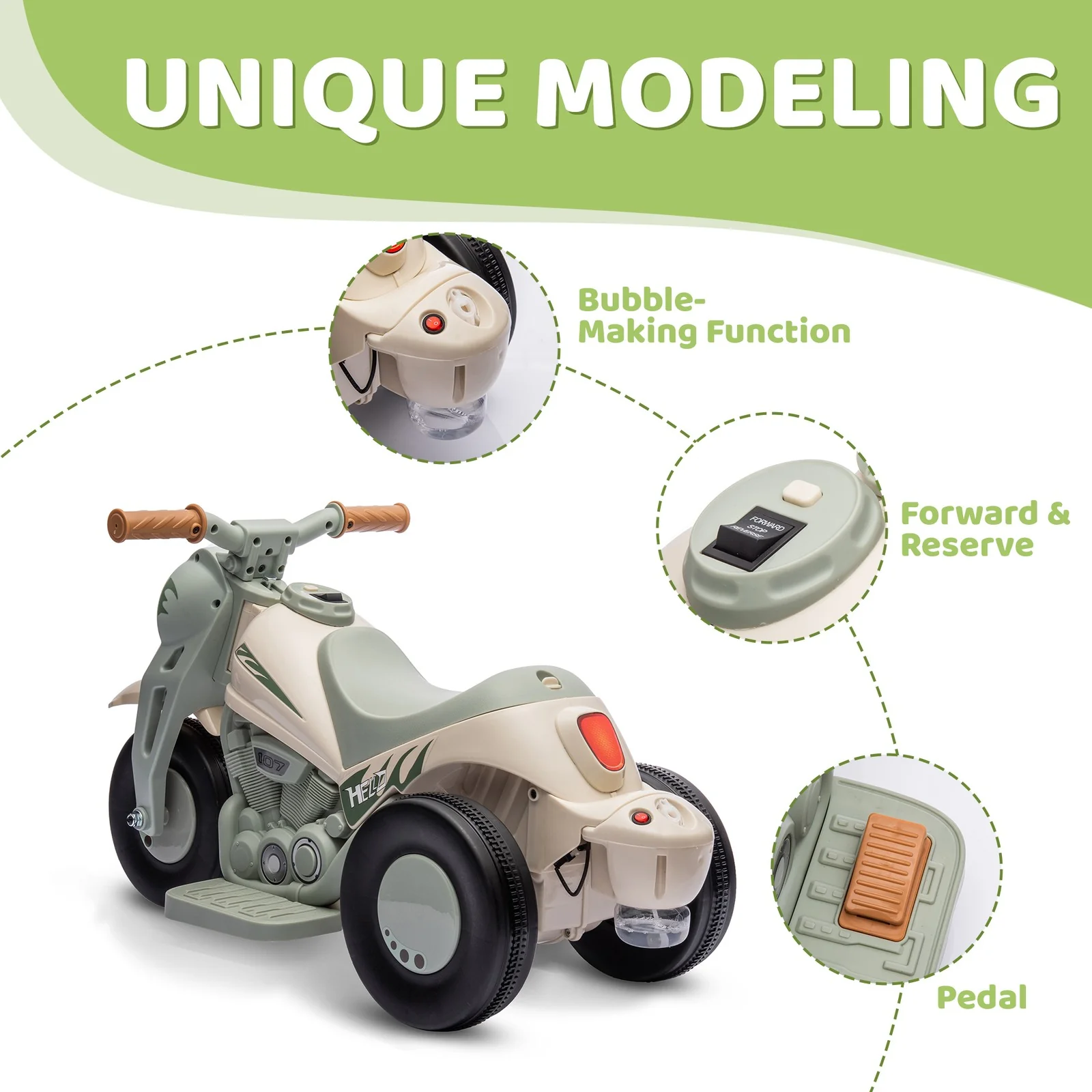 6V Ride-On Motorcycle and Bubble Car with Music - Cream Color - Image 7