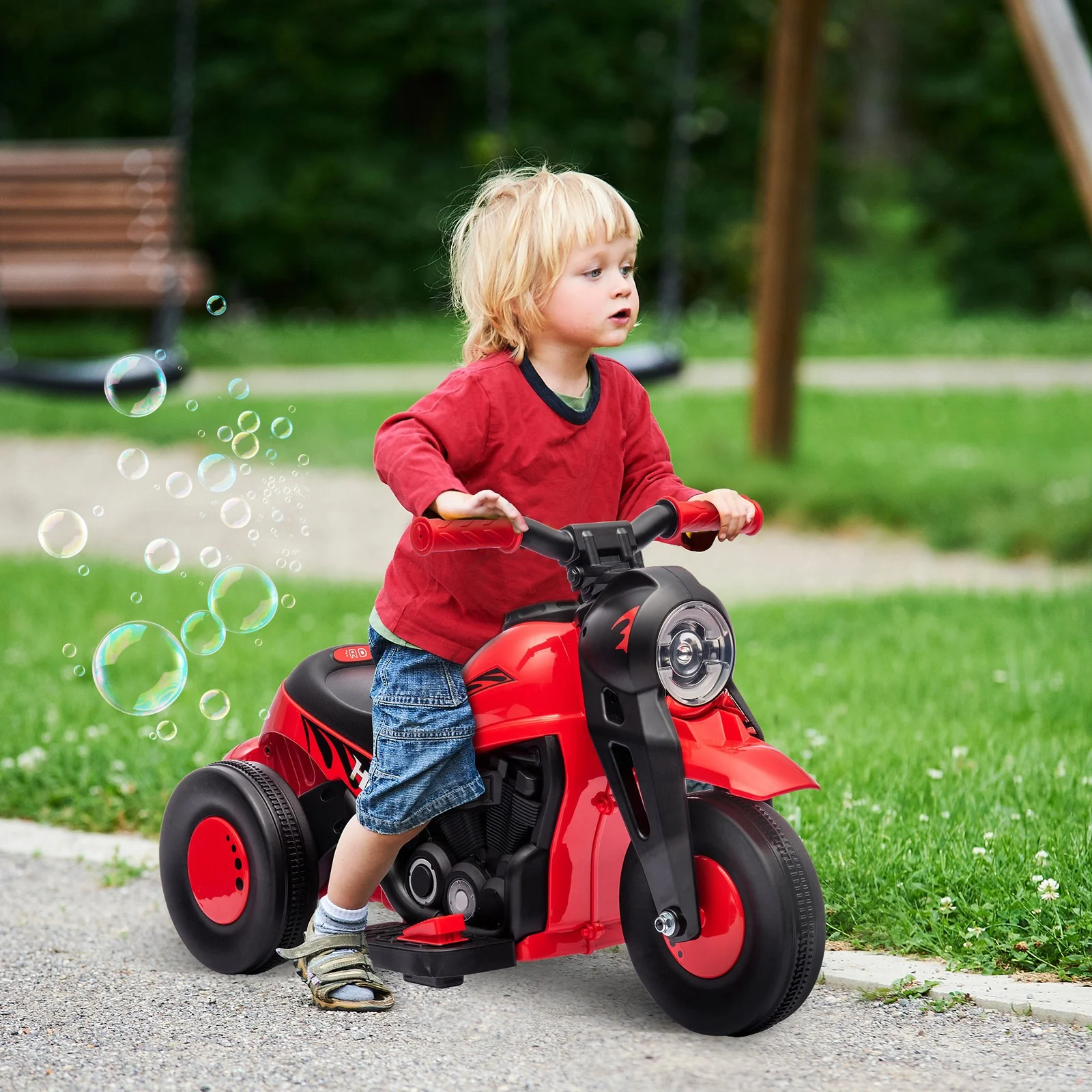 6V Red Ride-On Motorcycle and Bubble Car with Music - Image 12