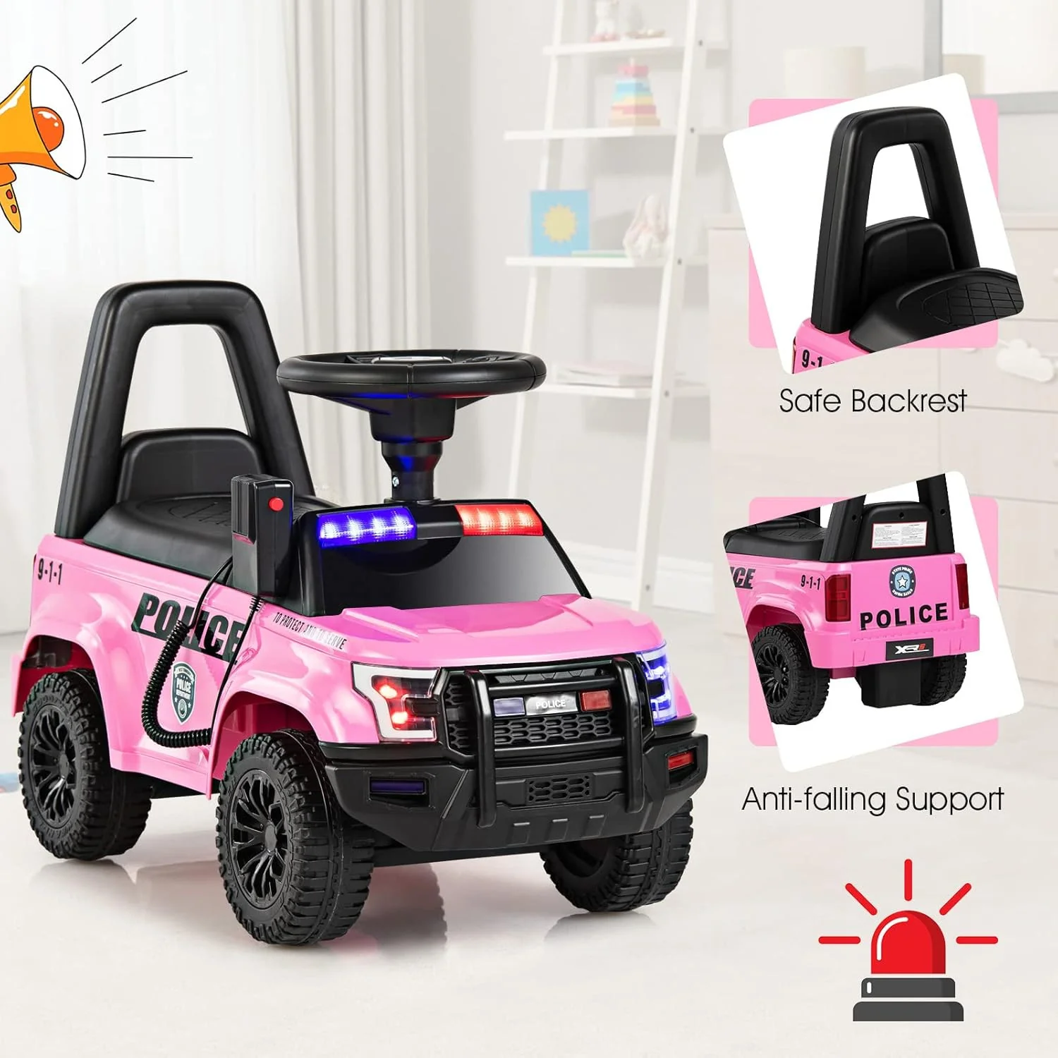 Toddler Ride-On Push Police Car Foot-to-Floor Sliding Toy with Siren - Image 5