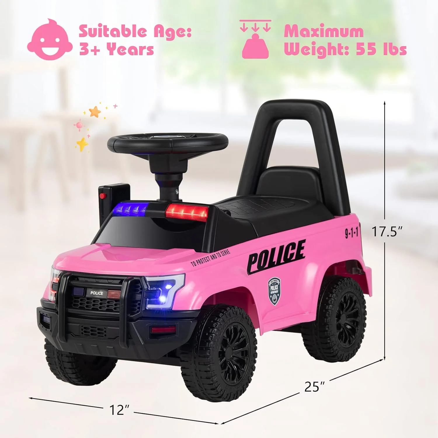 Toddler Ride-On Push Police Car Foot-to-Floor Sliding Toy with Siren - Image 7