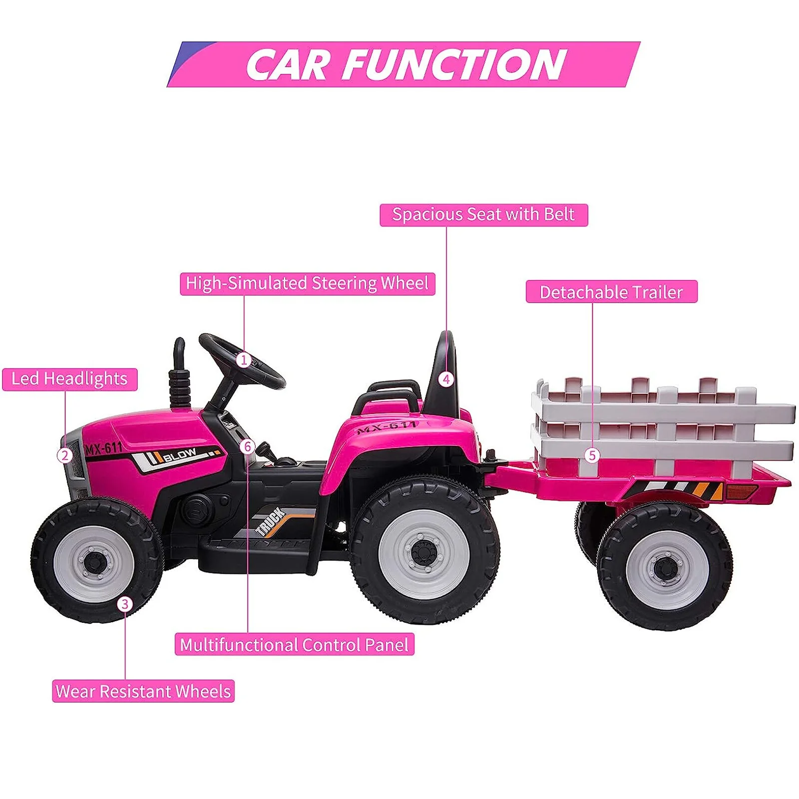 12V Battery-Powered Electric Ride-On Tractor Toy with Trailer and Remote Control - Image 11
