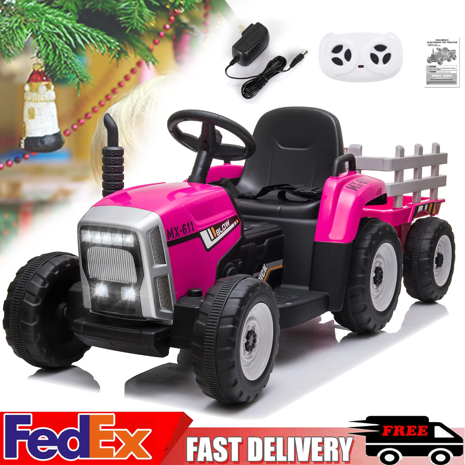 12V Battery-Powered Electric Ride-On Tractor Toy with Trailer and Remote Control - Image 13