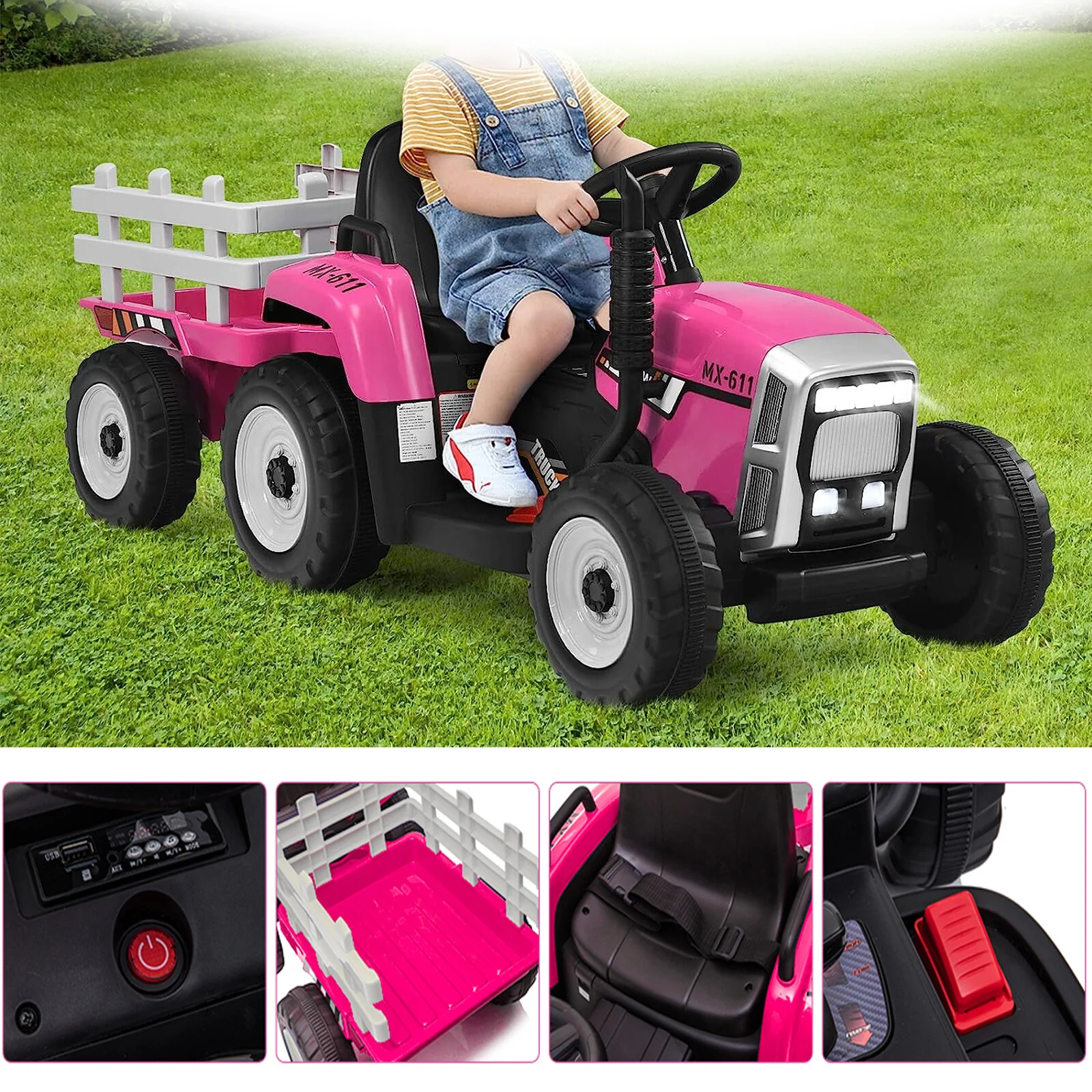 12V Battery-Powered Electric Ride-On Tractor Toy with Trailer and Remote Control - Image 3