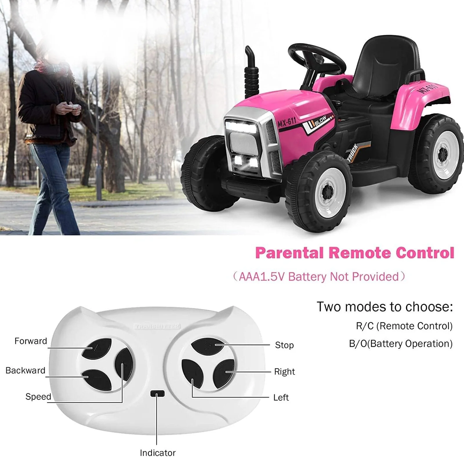 12V Battery-Powered Electric Ride-On Tractor Toy with Trailer and Remote Control - Image 6
