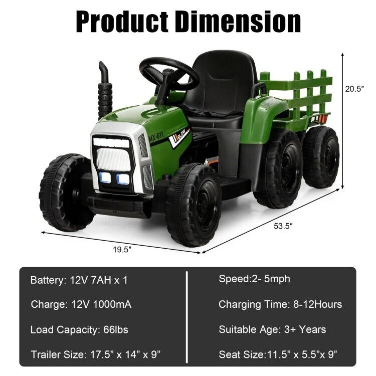 Ride-On Tractor with Trailer and Remote Control for Kids 3+ Years with Lights - Image 4