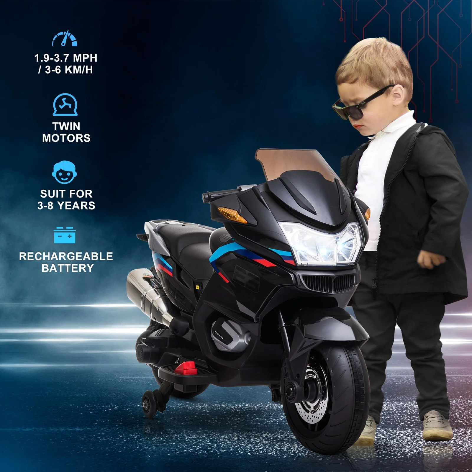 Electric Kids Motorcycle with Sound Effects, Lights, and Engine Design – Black - Image 10