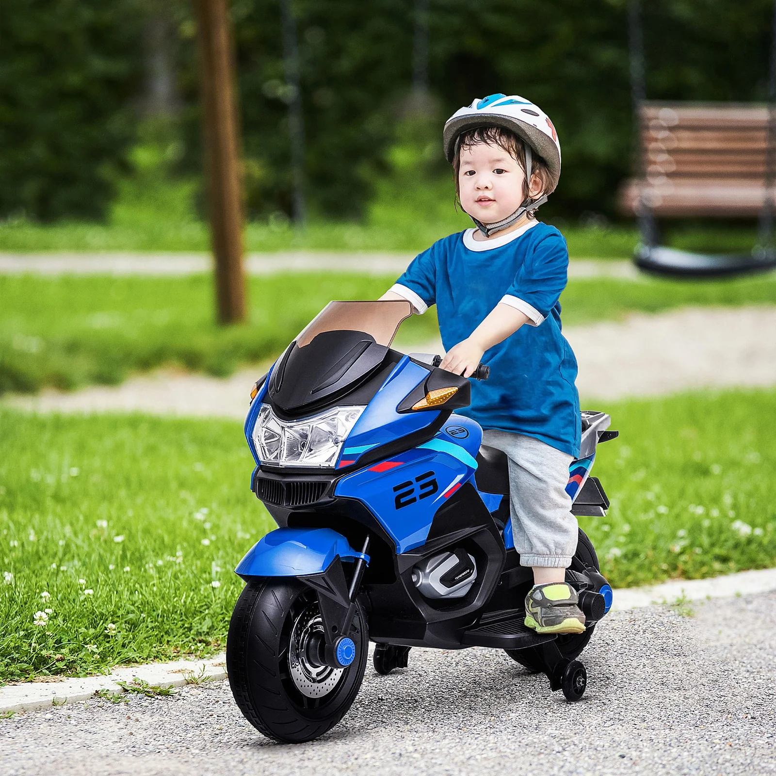 Electric Kids Motorcycle with Sound Effects, Lights, and Music – Blue - Image 9