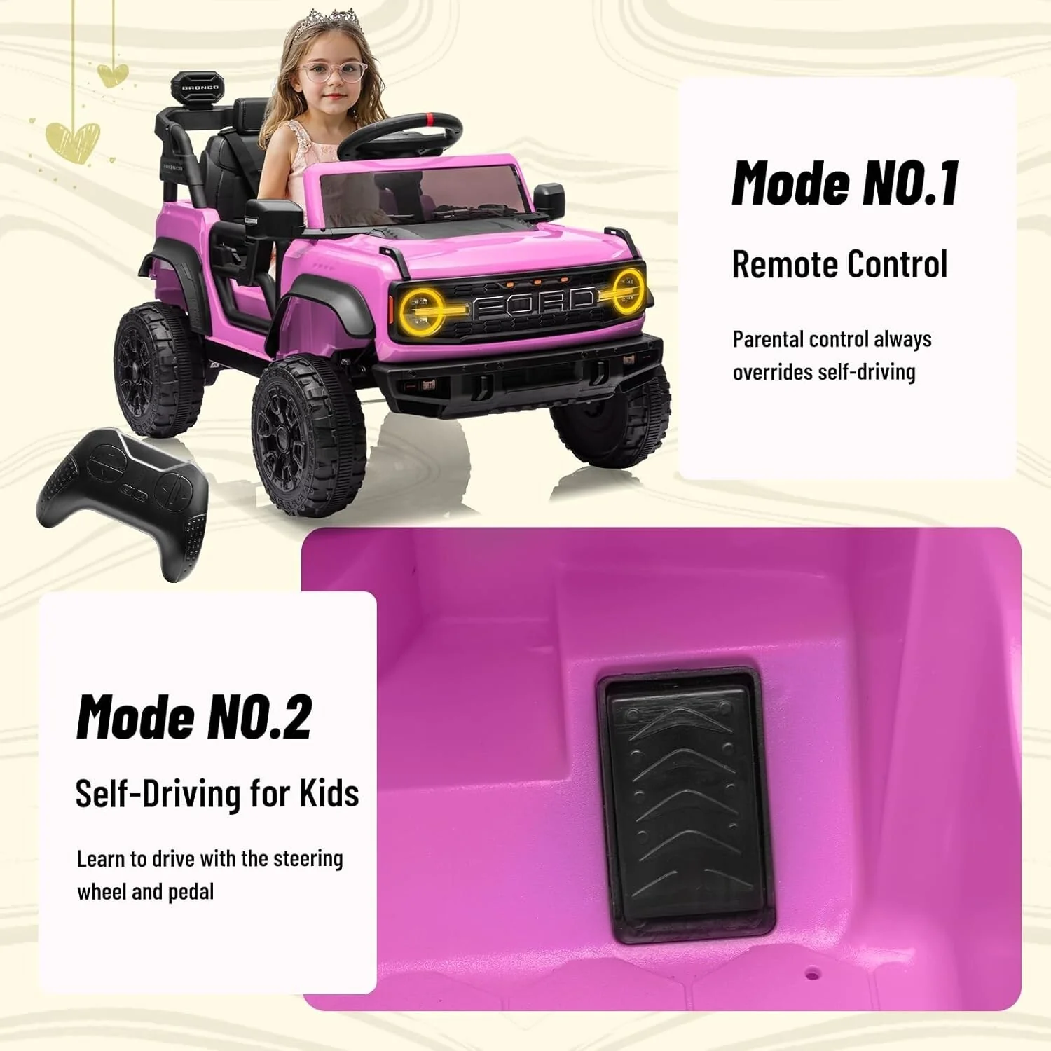 12V Electric Ford Bronco Ride-On Car with Remote Control and Safety Seat Belt for Ages 3-8 - Image 6
