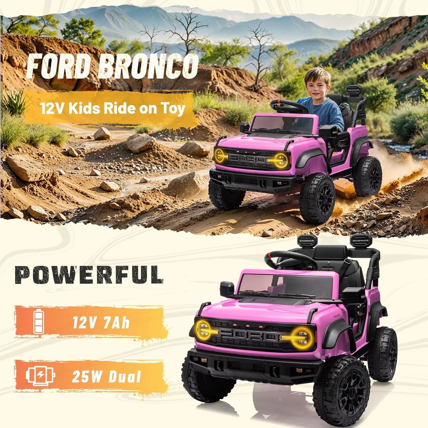 12V Electric Ford Bronco Ride-On Car with Remote Control and Safety Seat Belt for Ages 3-8 - Image 7