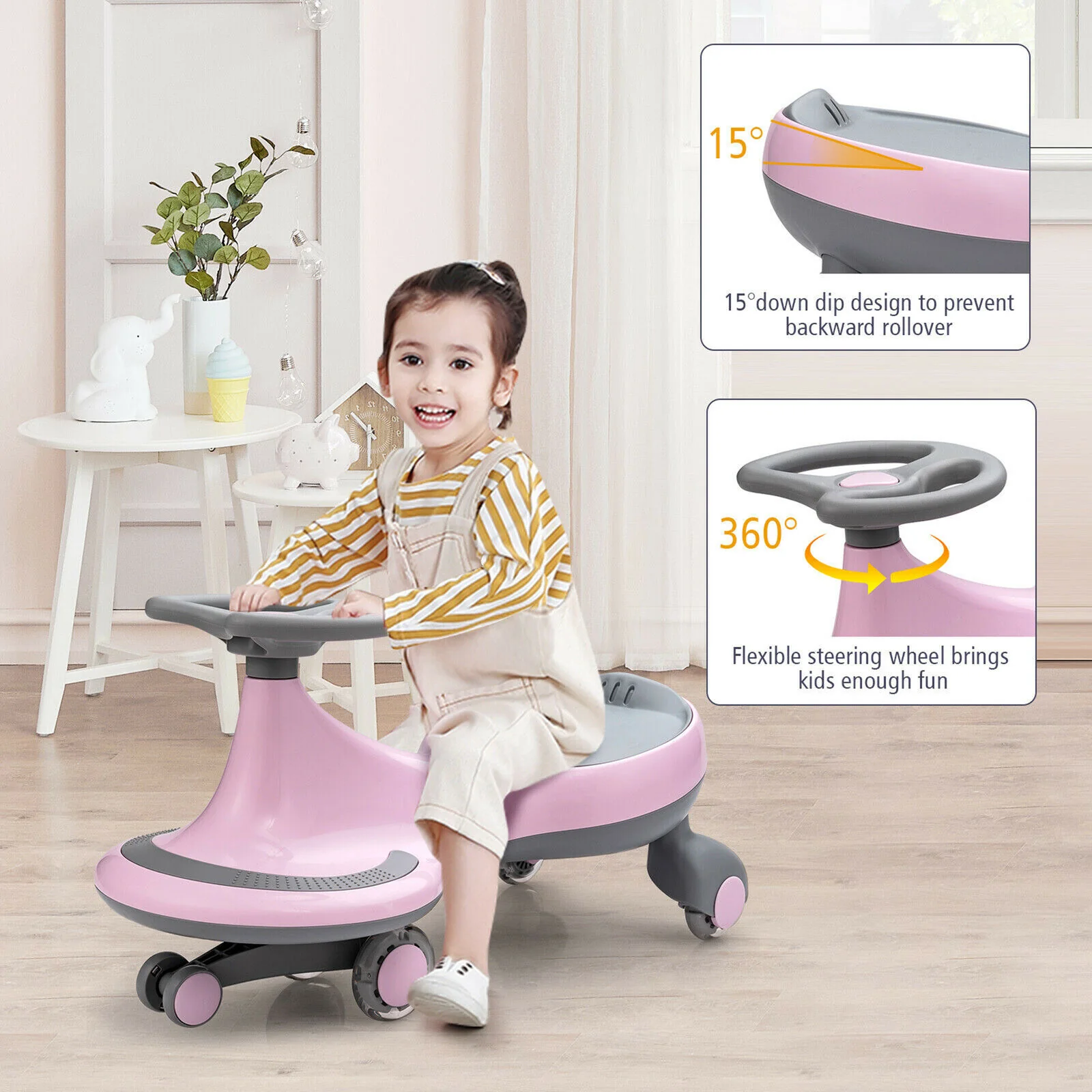 Sparkling Pink Wiggle Car Ride-on Toy for Toddlers and Kids with Flashing Wheels - Image 6