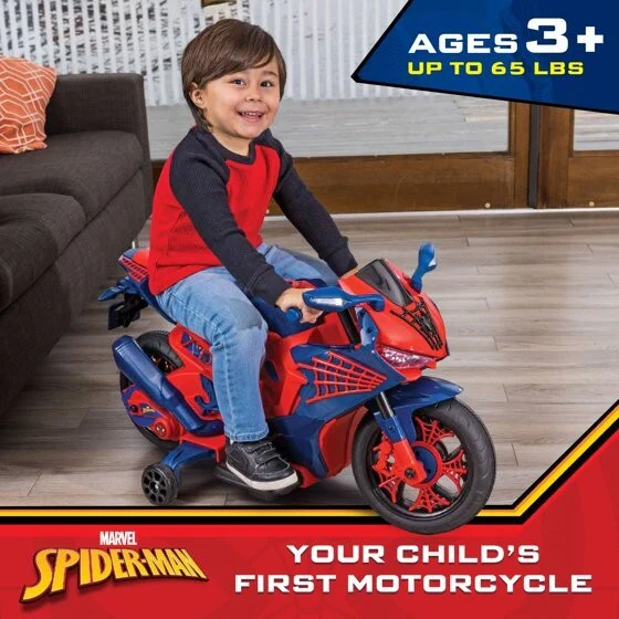 6V Spiderman Ride-On Motorcycle for Kids Ages 3+ with Rechargeable Battery and 65 lbs Weight Capacity - Image 2