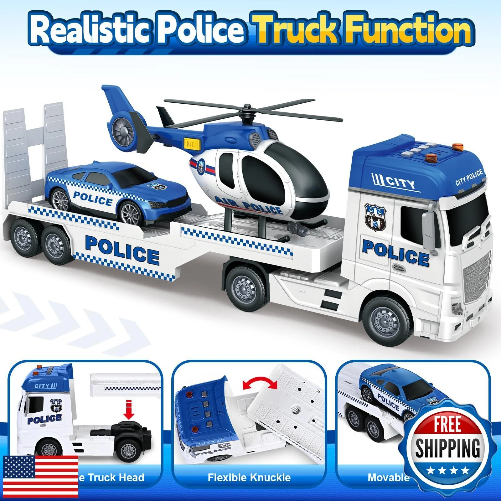 25-Inch Large Police Truck Toy with Racing Car for Toddler Boys - Image 2