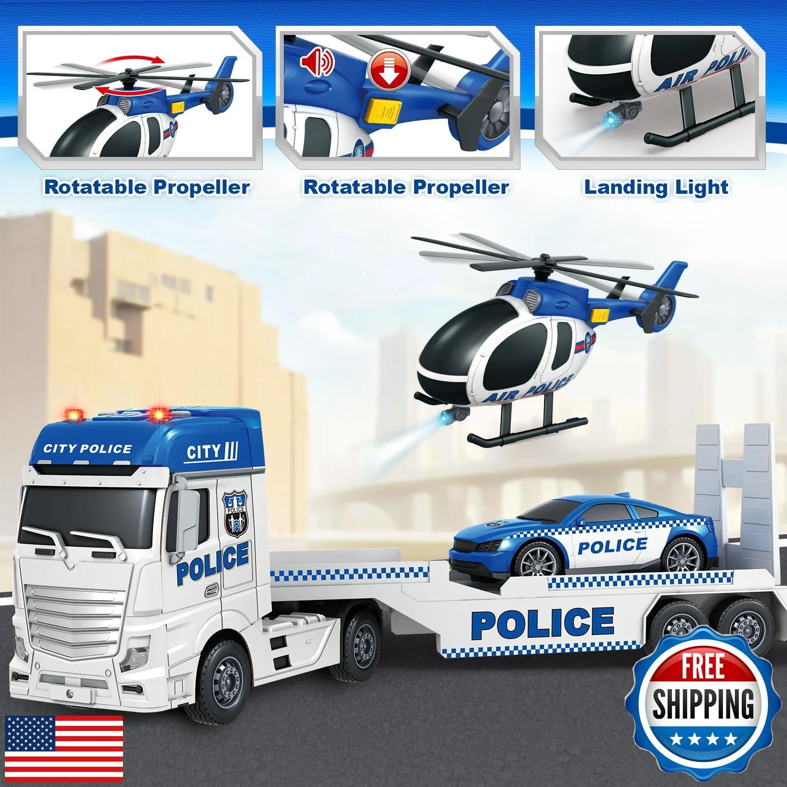 25-Inch Large Police Truck Toy with Racing Car for Toddler Boys - Image 3