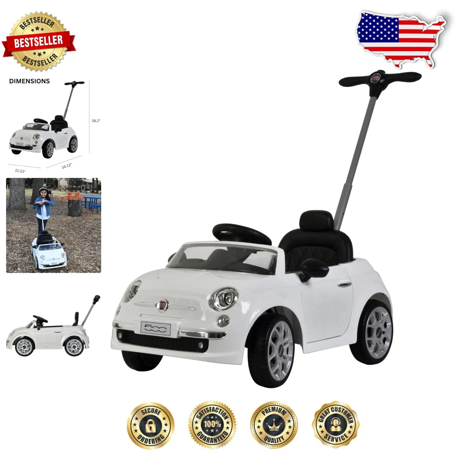 Fiat 500 Push Car with LED Lights and Music for Toddler Play - Image 10