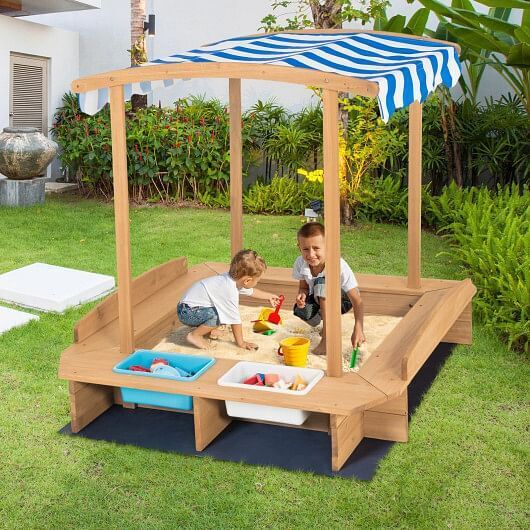 Striped Canopy Wooden Sandbox for Kids - Perfect for Outdoor Playtime! - Image 2