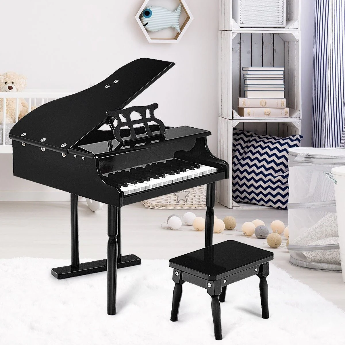 Stylish and Sturdy 30-Key Children's Grand Piano with Bench in Black - Image 6
