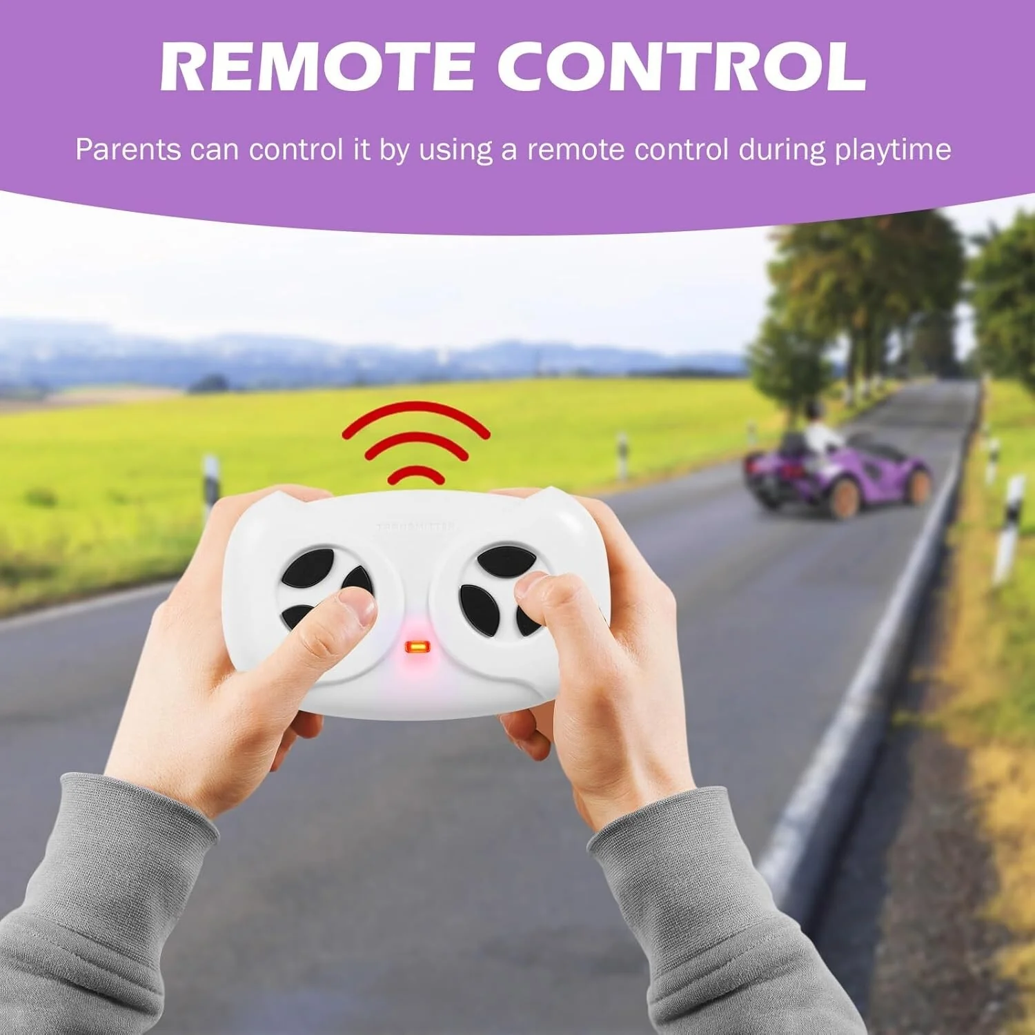 Purple Kids Remote Control Sports Car with Suspension and Sound Effects - Image 9