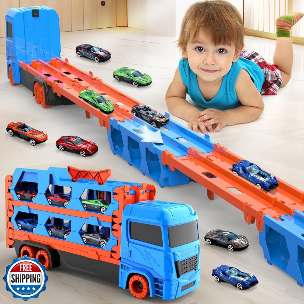 61-Inch Dual Race Track and Eject Car Transport Truck Toy for Kids - Image 2