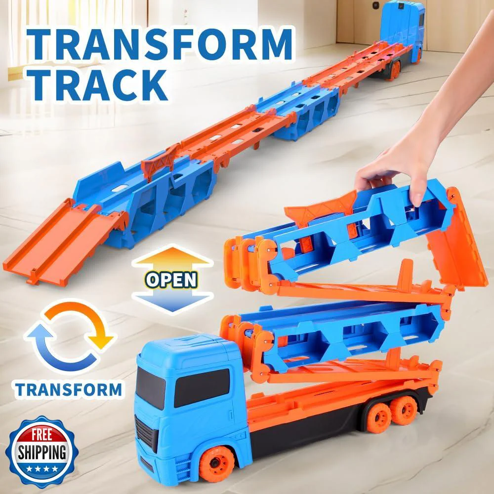 61-Inch Dual Race Track and Eject Car Transport Truck Toy for Kids - Image 3