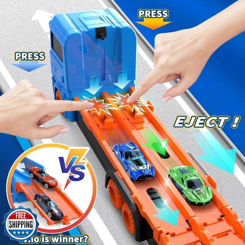 61-Inch Dual Race Track and Eject Car Transport Truck Toy for Kids - Image 4