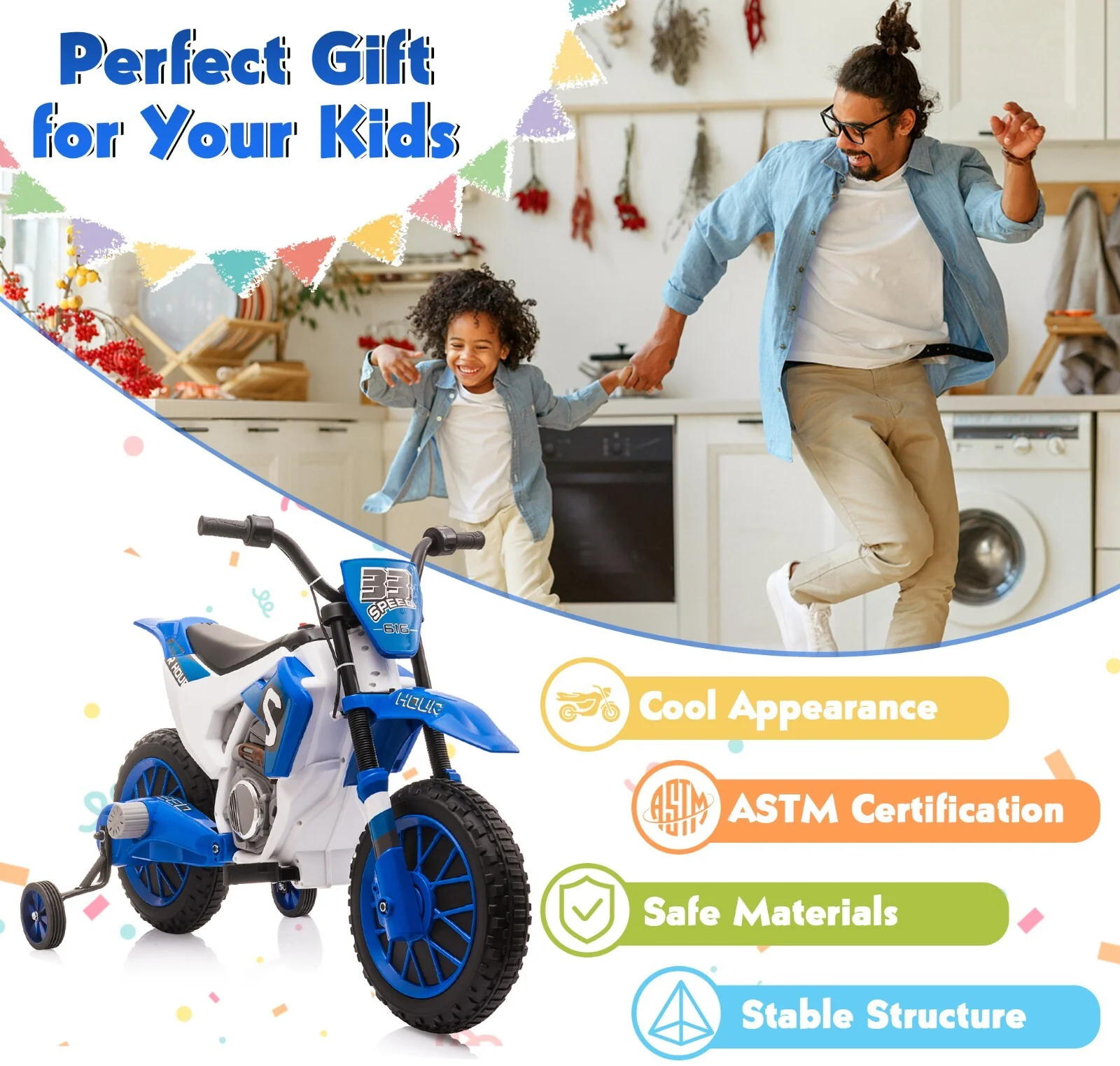 Electric 12V Blue Kids Ride-On Motorcycle with Training Wheels - Image 14