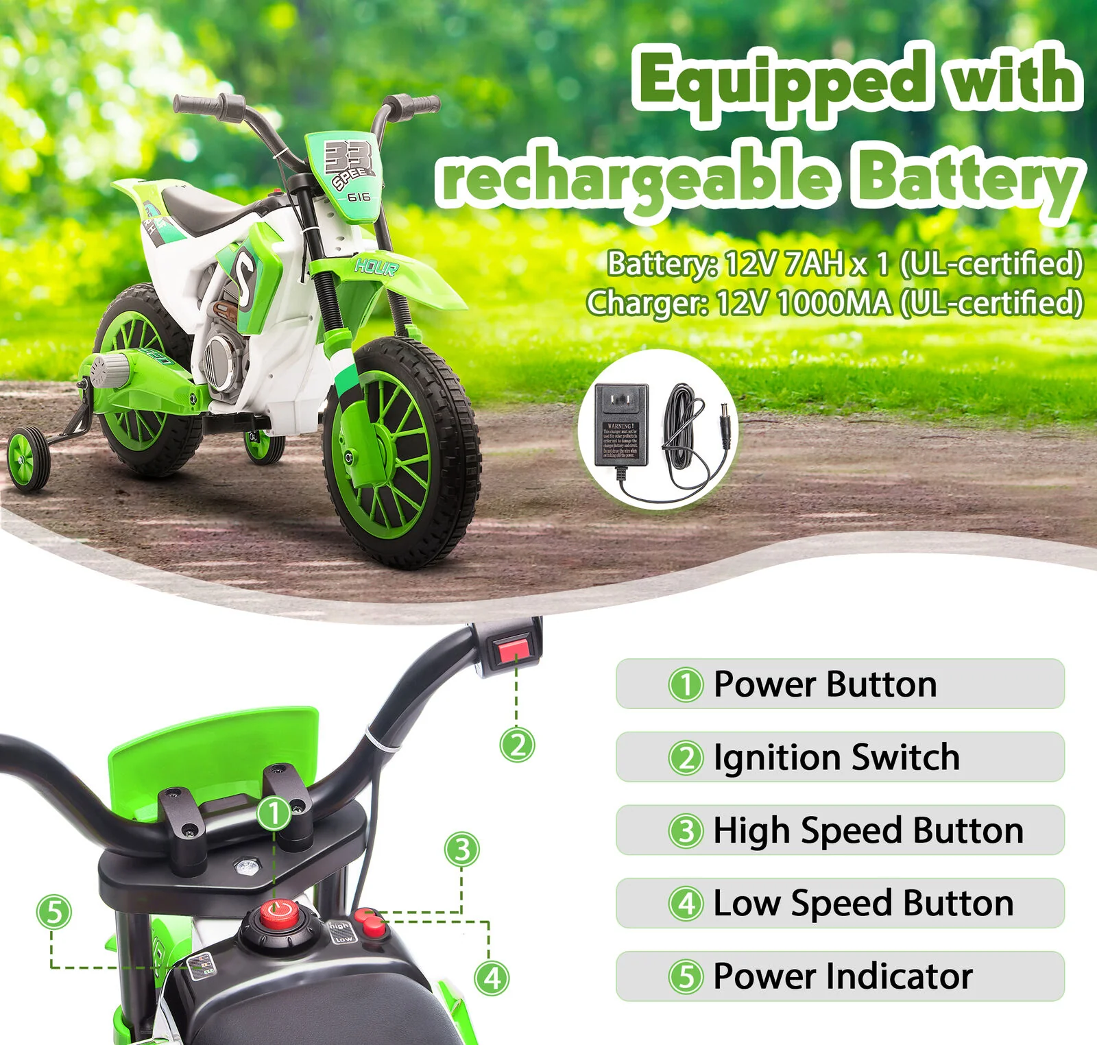 TOBBI 12V Electric Dirt Bike for Kids with Training Wheels - Realistic Motorbike Experience - Image 35