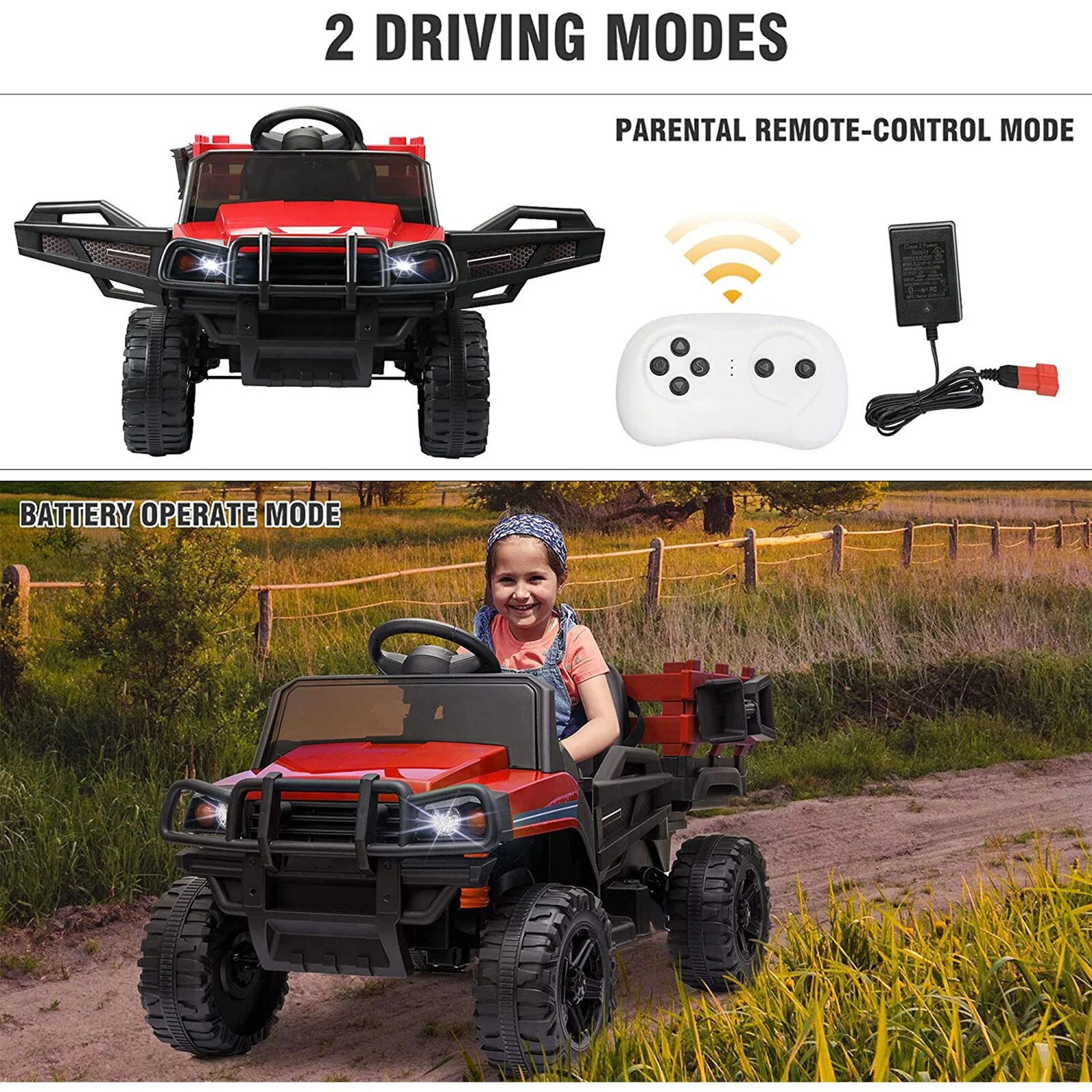 TOBBI 12V Electric Farm Truck Ride On with Trailer - Red - Image 4