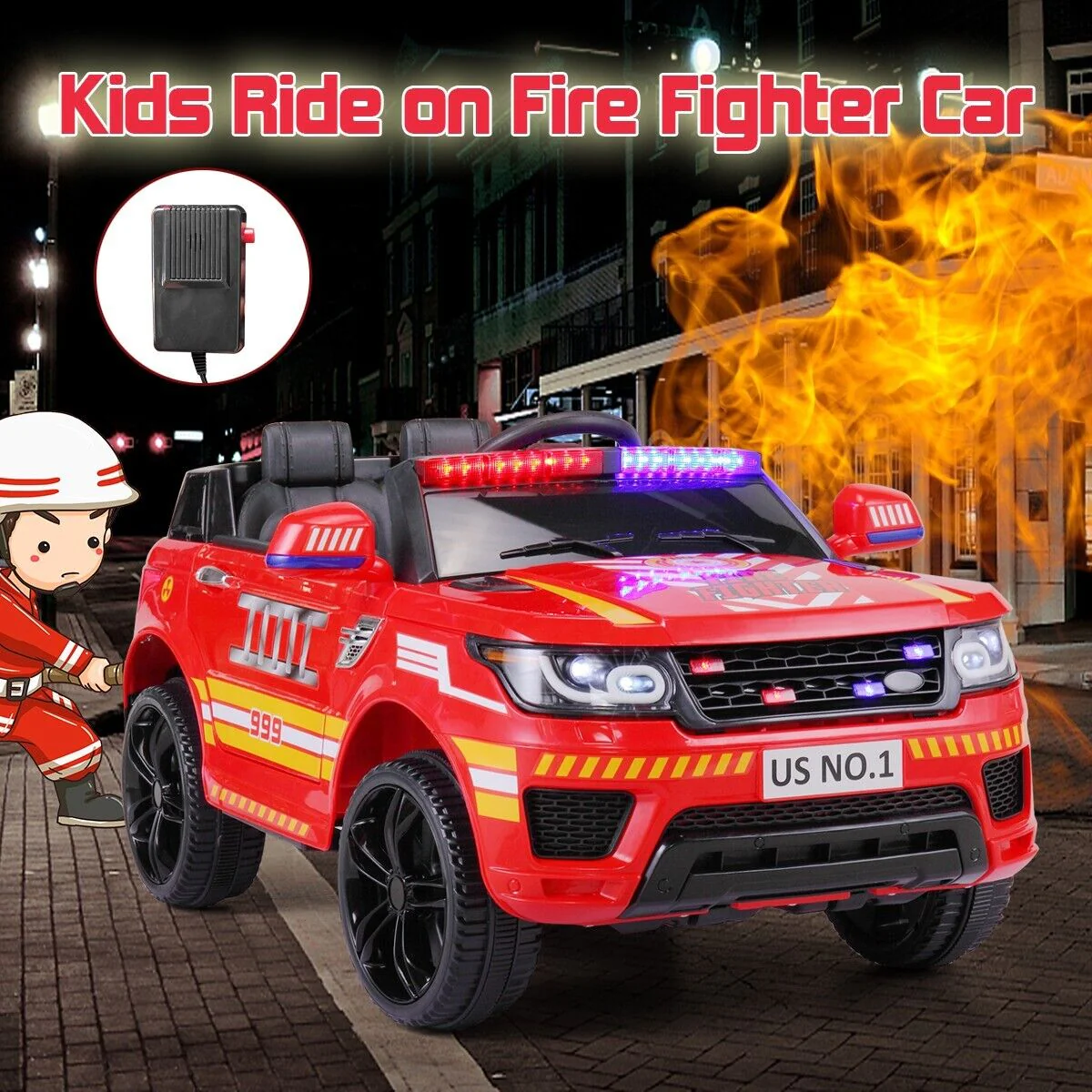 TOBBI 12V Electric Kids Police Car Fire Truck with Megaphone, Remote Control, and Lights - Image 11
