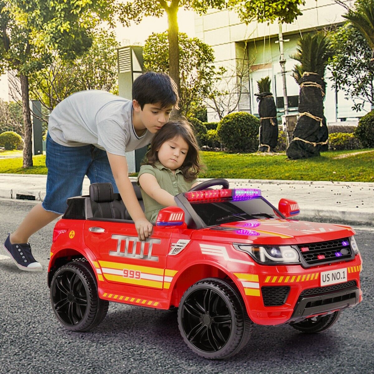 TOBBI 12V Electric Kids Police Car Fire Truck with Megaphone, Remote Control, and Lights - Image 12