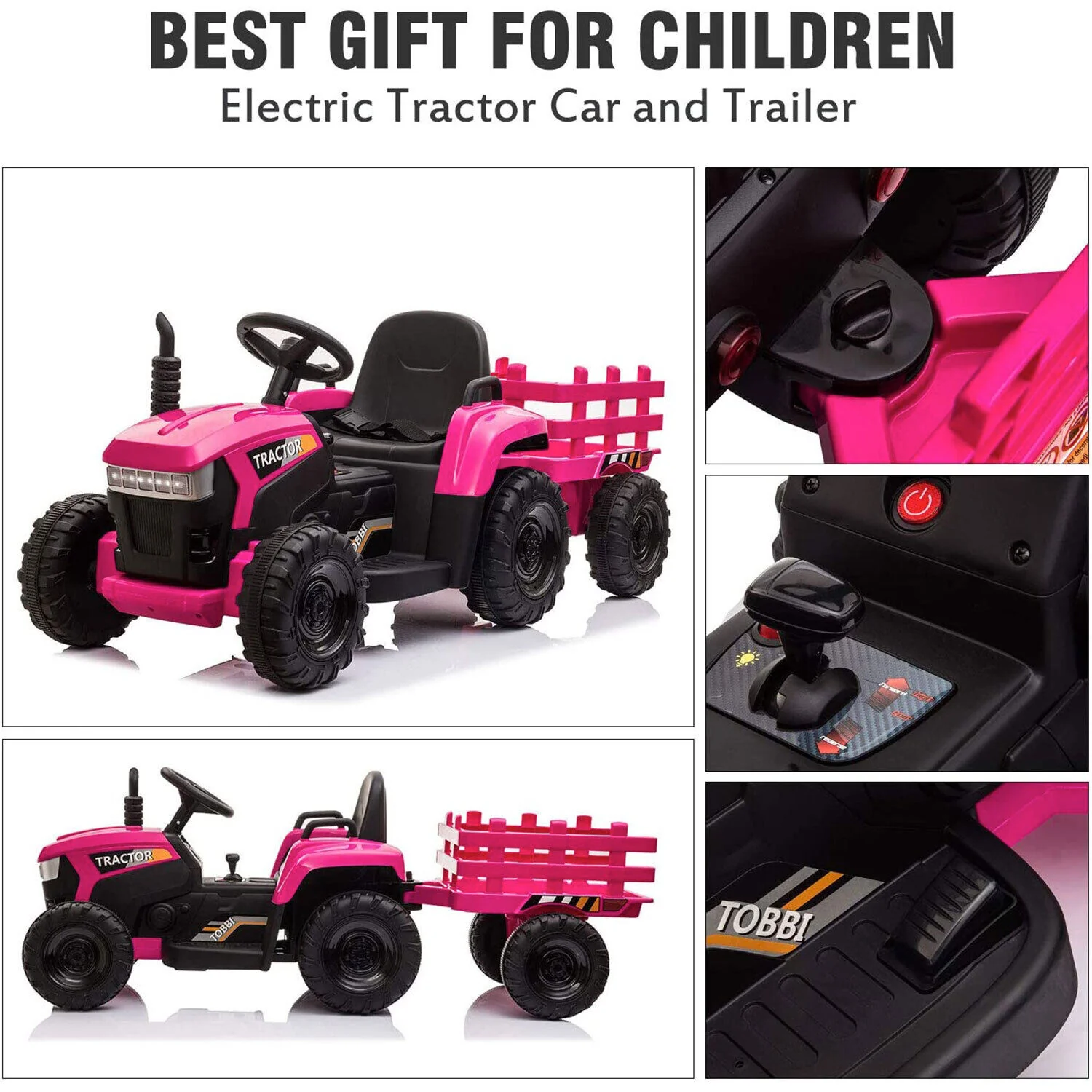 TOBBI 12V Kids Electric Ride On Tractor with Trailer in Rose Red - Image 4