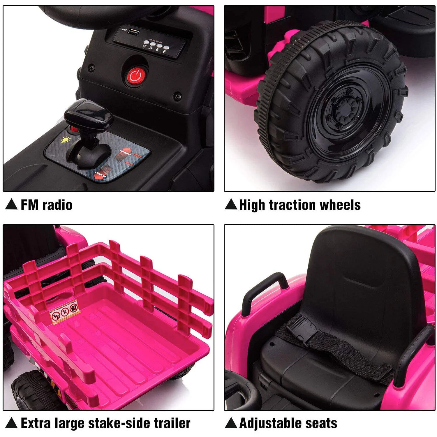 TOBBI 12V Kids Electric Ride On Tractor with Trailer in Rose Red - Image 5