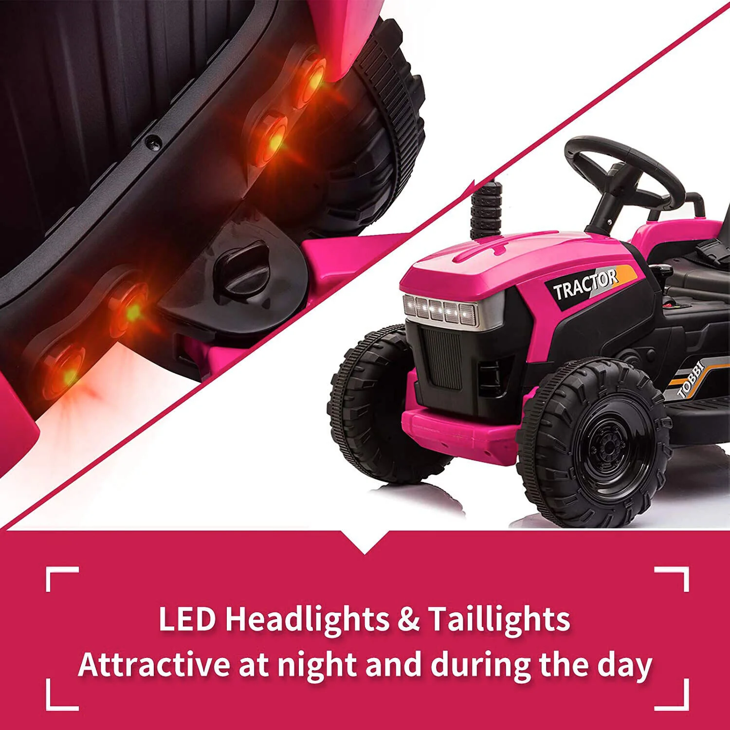 TOBBI 12V Kids Electric Ride On Tractor with Trailer in Rose Red - Image 6