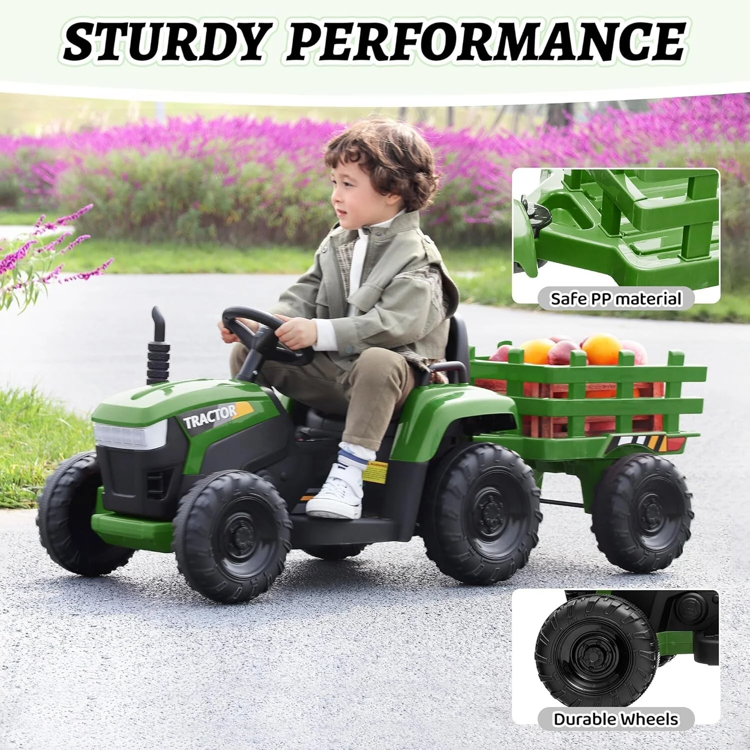 12V Battery-Powered Kids Ride-On Tractor Toy with Trailer and 35W Dual Motors - Image 2