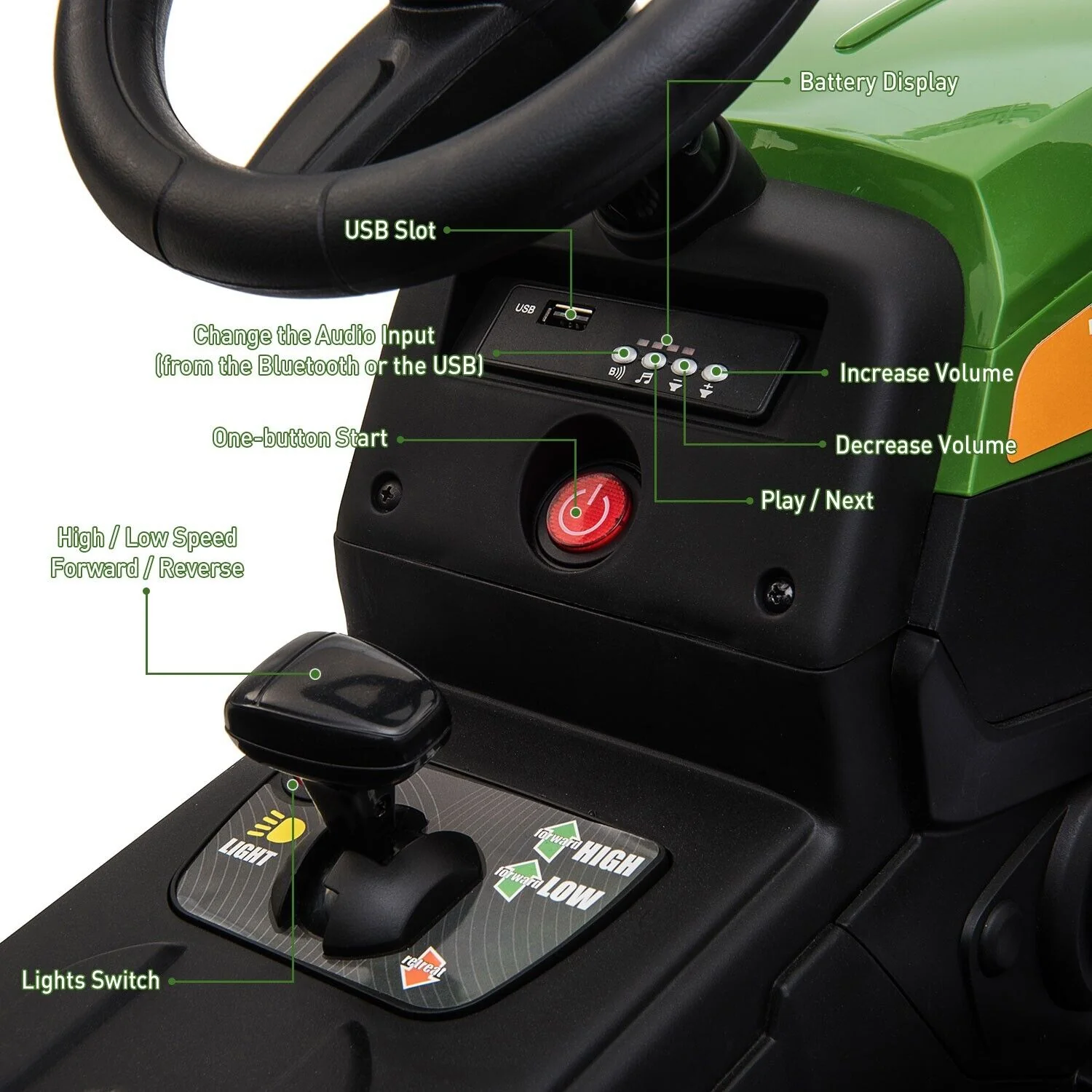 TOBBI 12V Kids Ride-On Tractor with Detachable Trailer and Illuminating Lights - Image 7