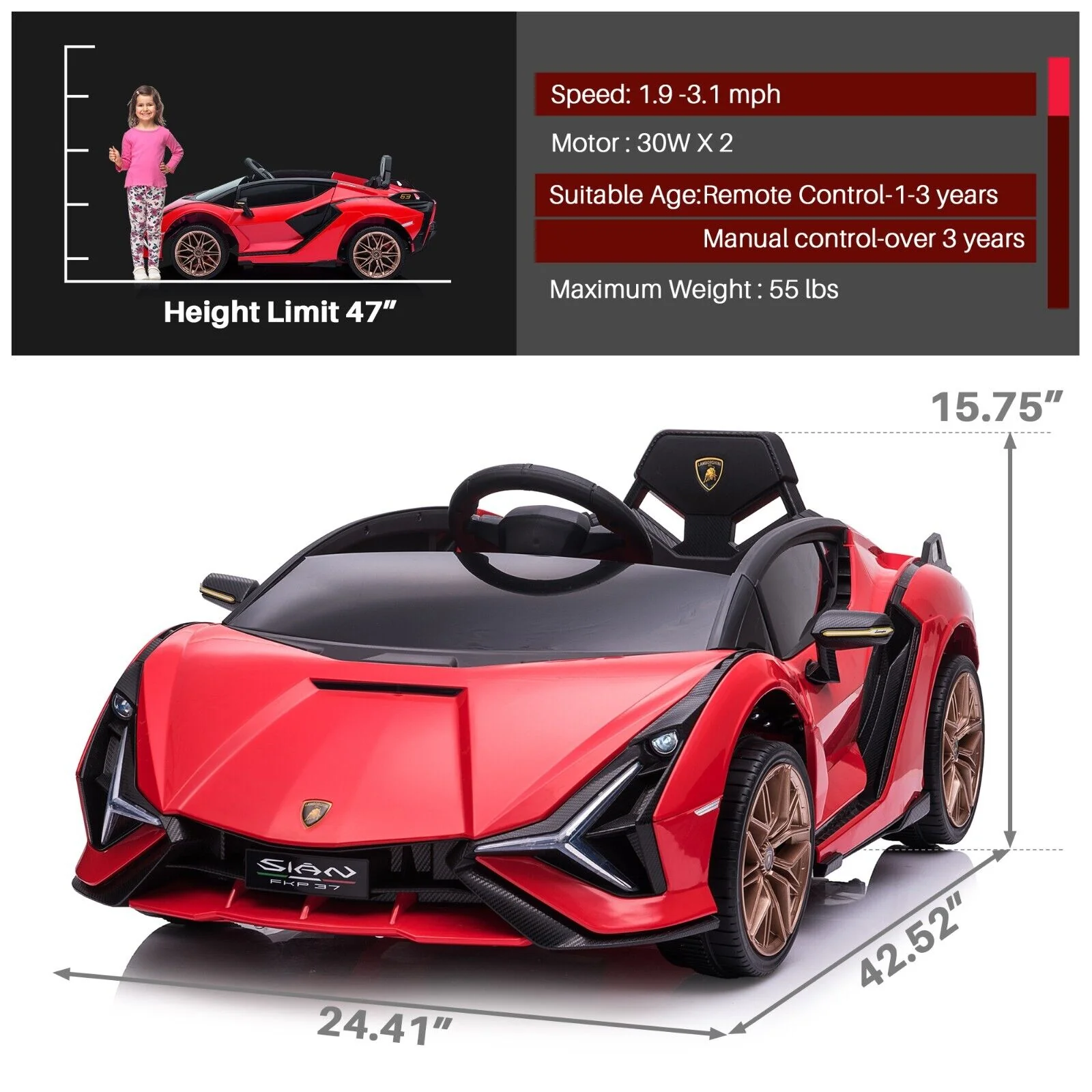 TOBBI 12V Lamborghini SIAN Electric Car for Kids with Remote Control - Red - Image 2