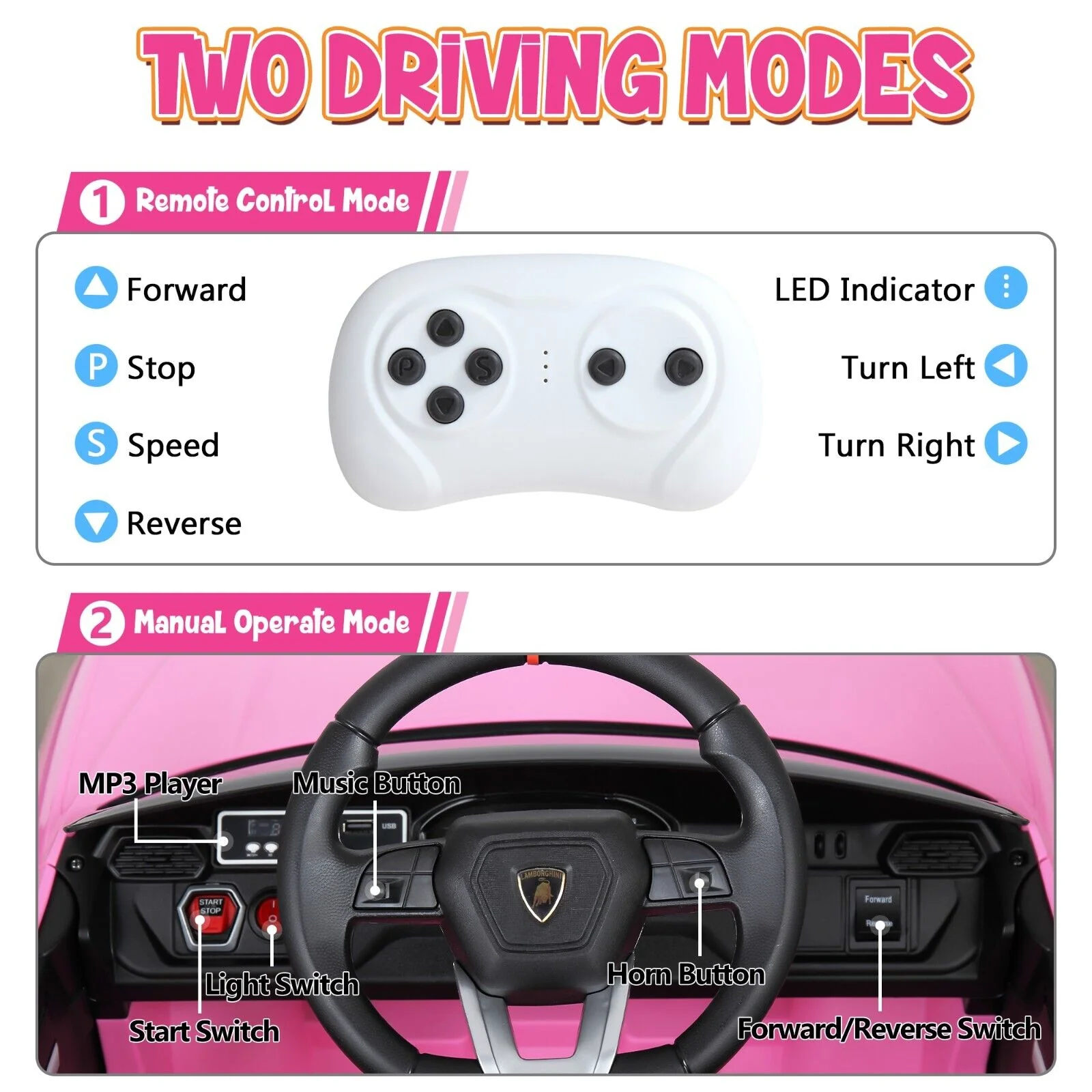 TOBBI 12V Lamborghini SUV Ride-On Car for Kids with Remote Control and MP3 Player, Pink - Image 10