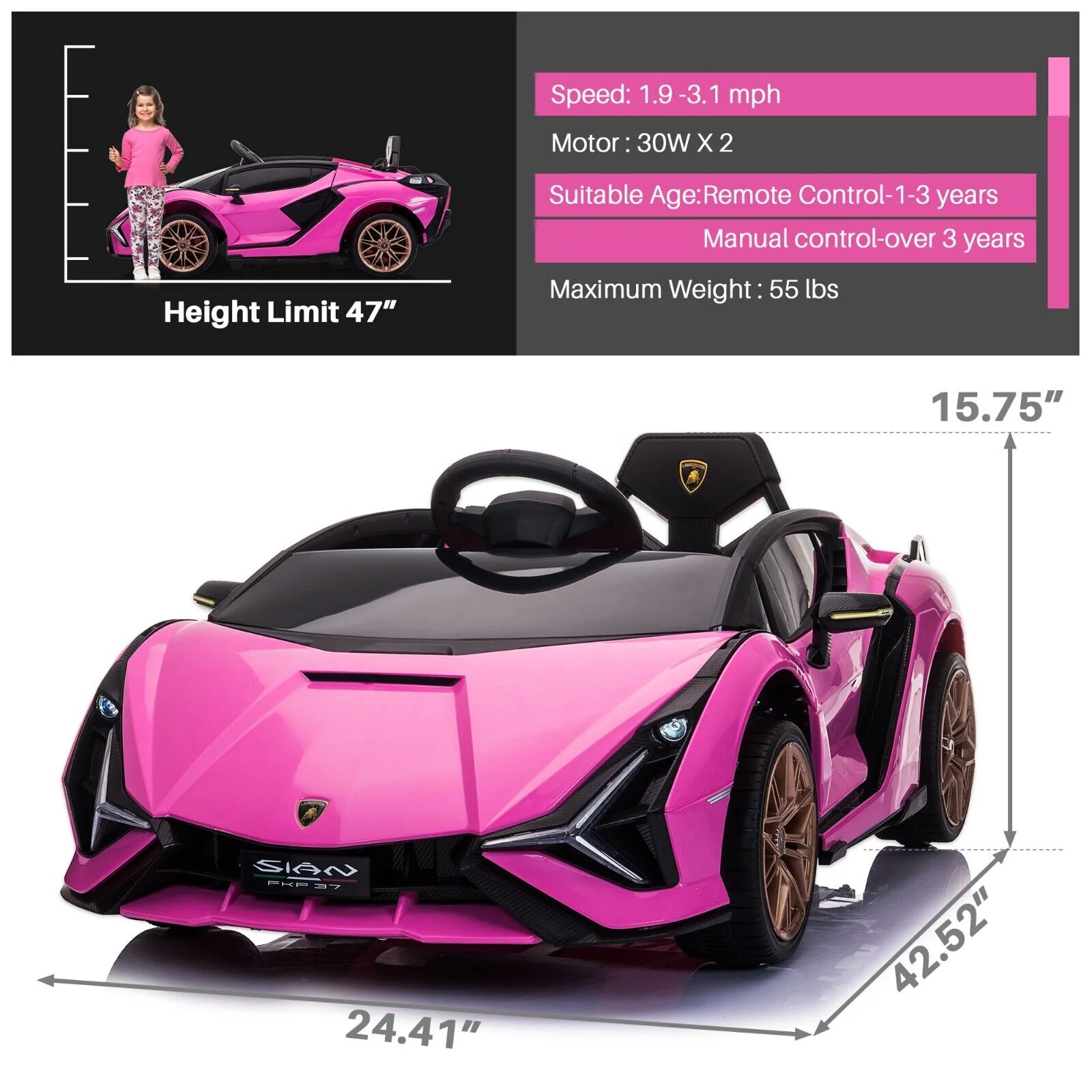 TOBBI 12V Licensed Lamborghini Sian Electric Ride-On Car for Kids with Remote Control - Image 2