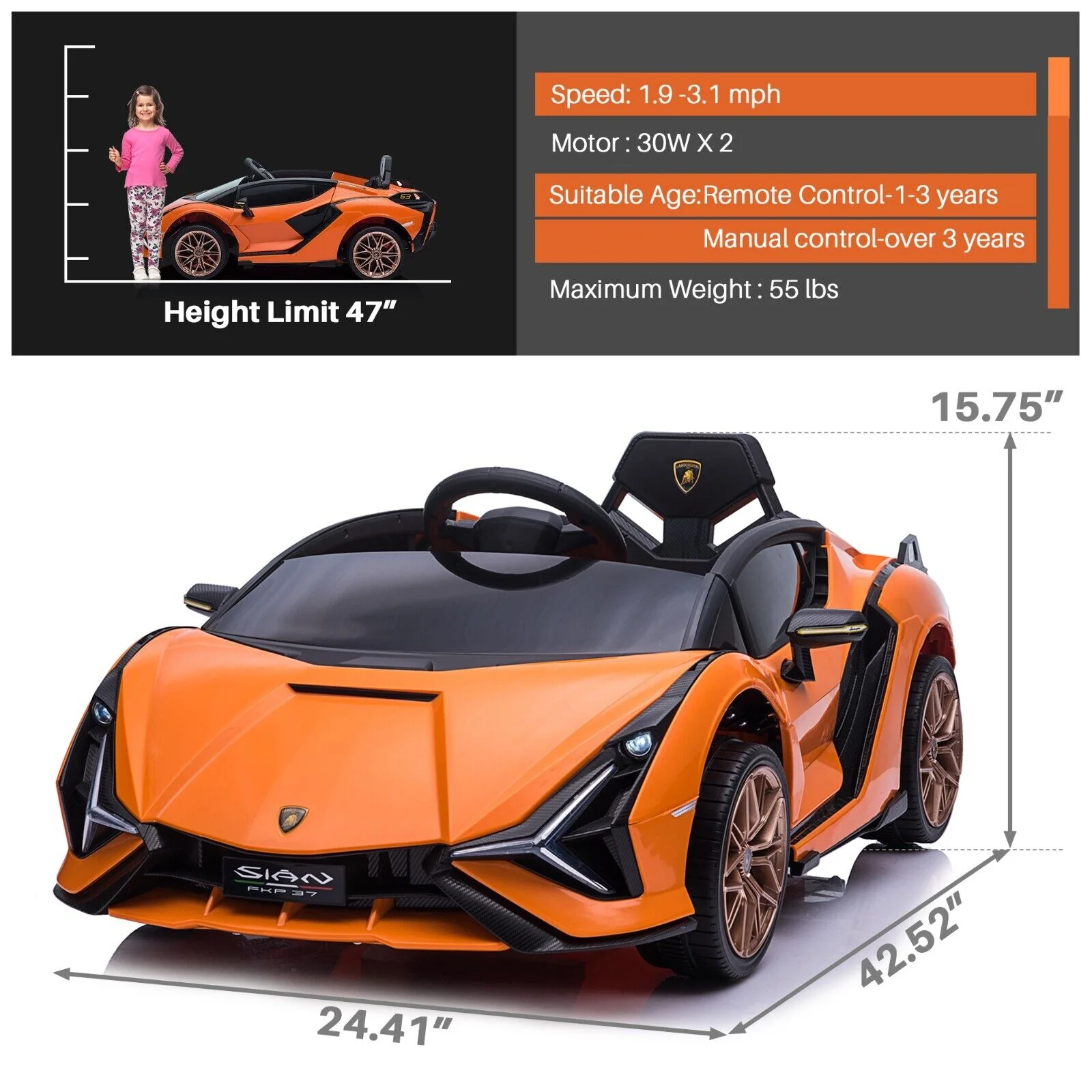 TOBBI 12V Licensed Lamborghini Sian Ride On Car for Kids with Remote Control and Battery Power - Image 2